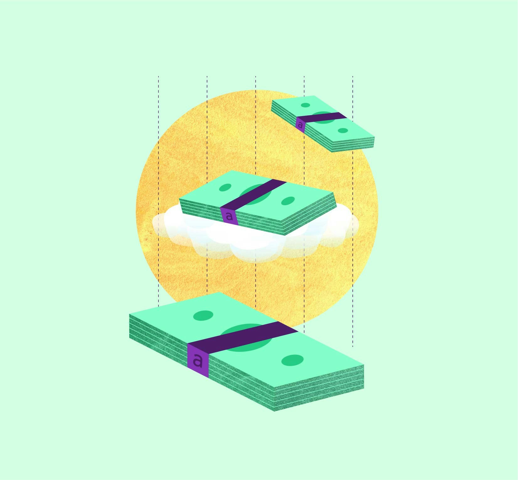 Money icons on soft green background.