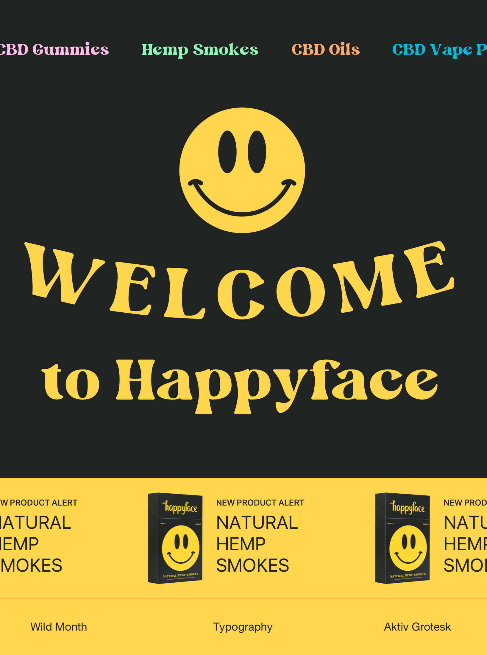 Happy Face homepage with gold lettering on dark background.