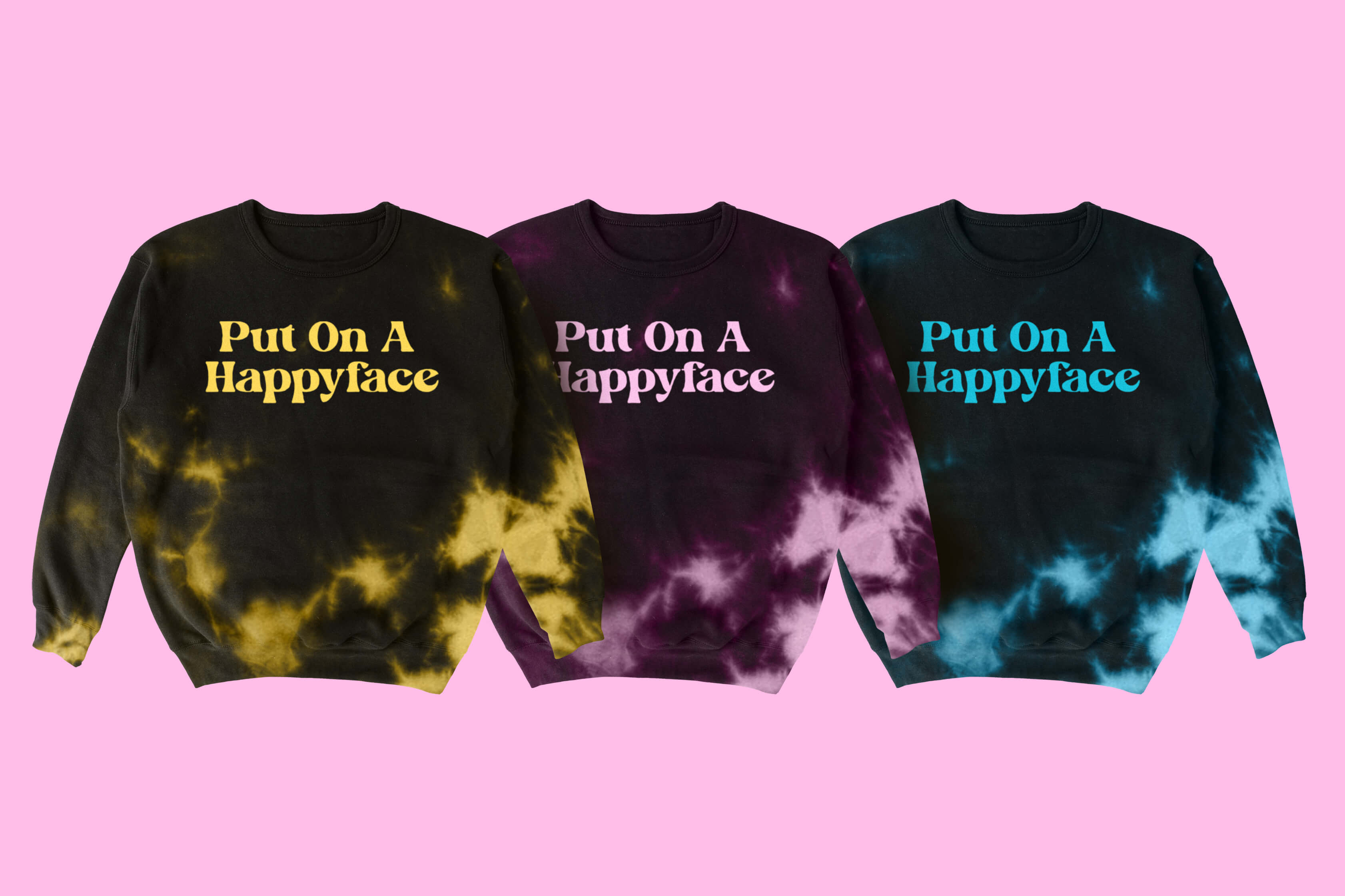 Spread of Happy Face apparel in black and neon colorways.