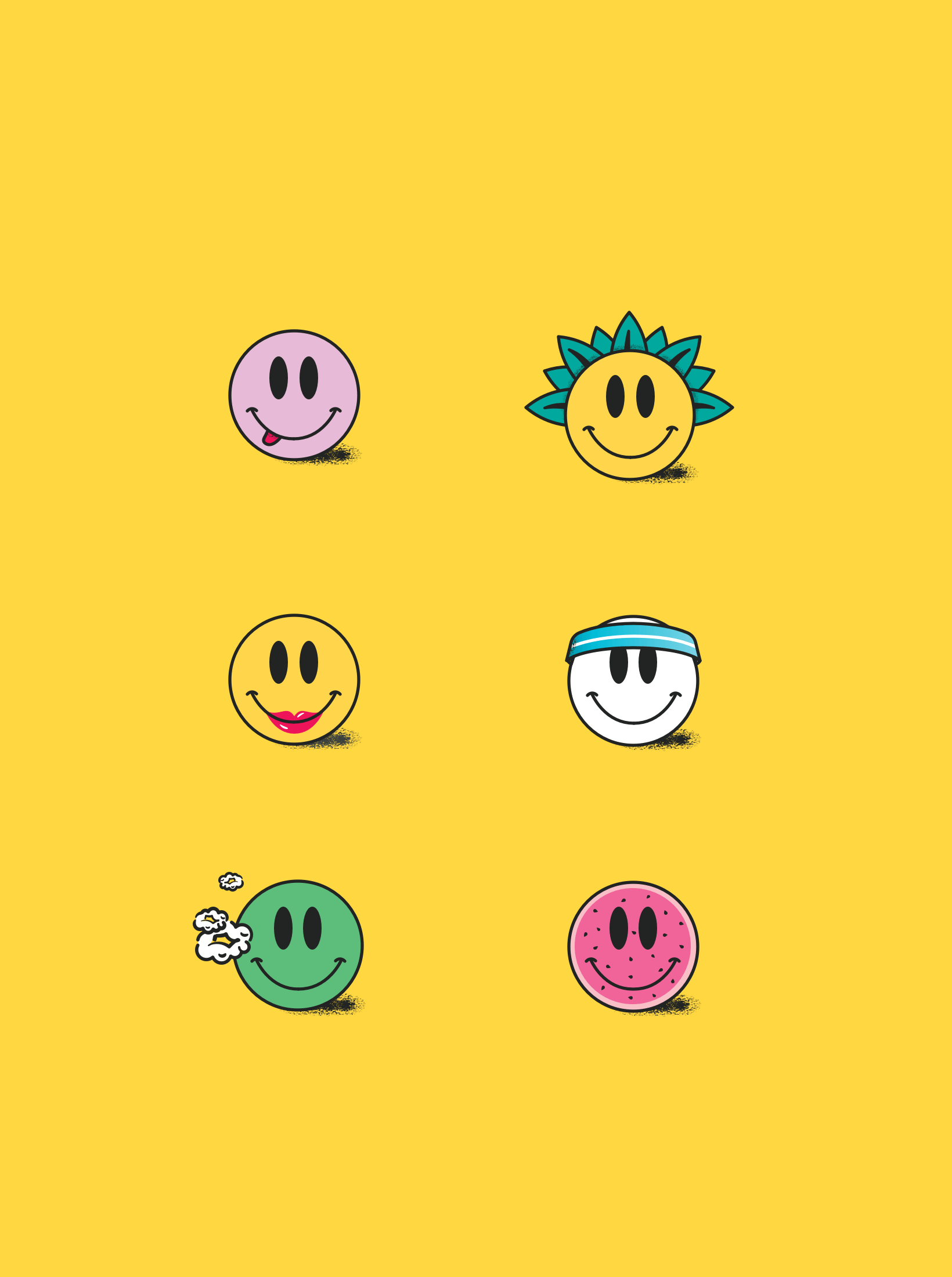 Yellow card with colorful Happy Face icon variations.