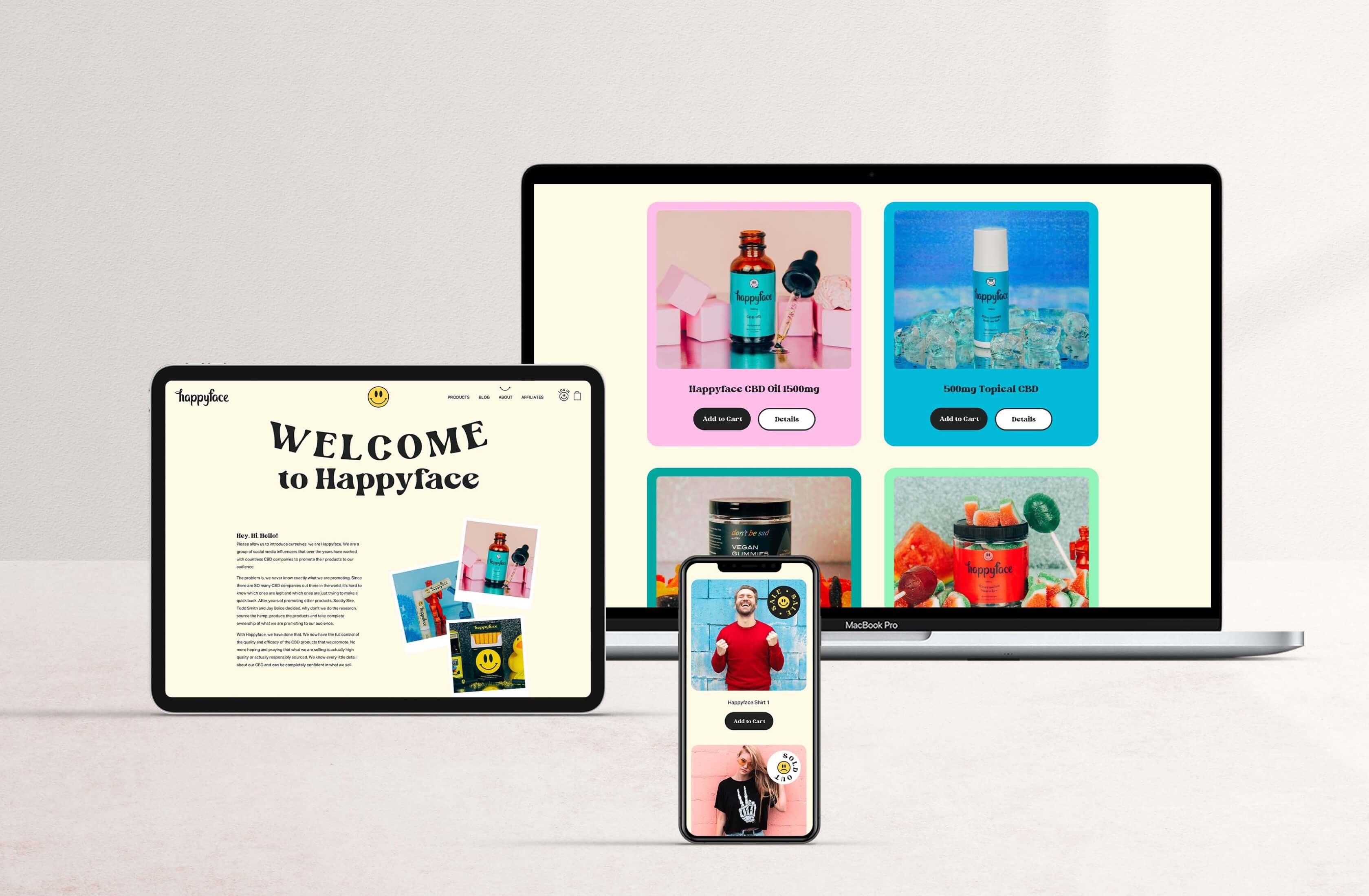 Laptop, tablet, and mobile layout showcasing Happy Face brand collateral and digital screens.