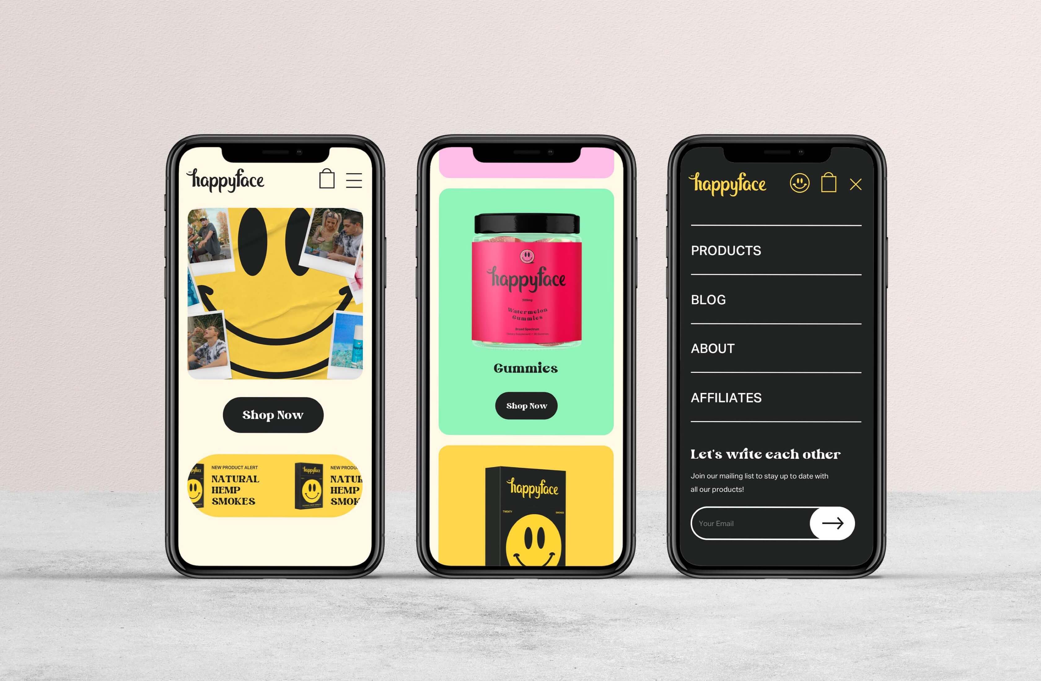 Multi-device mockup showing Happy Face app UI screens.
