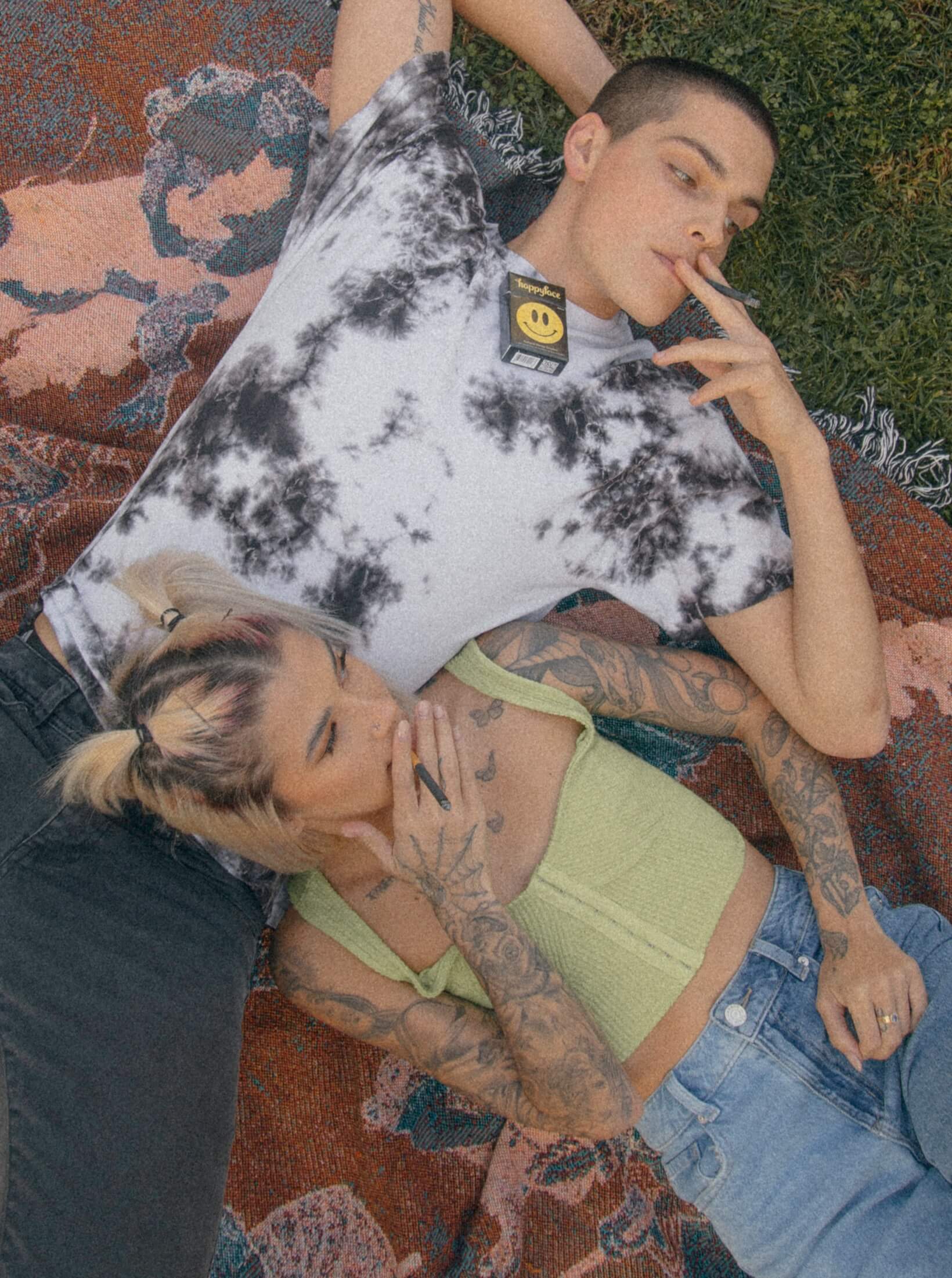 Happy Face lifestyle photo of friends posing with branded products.