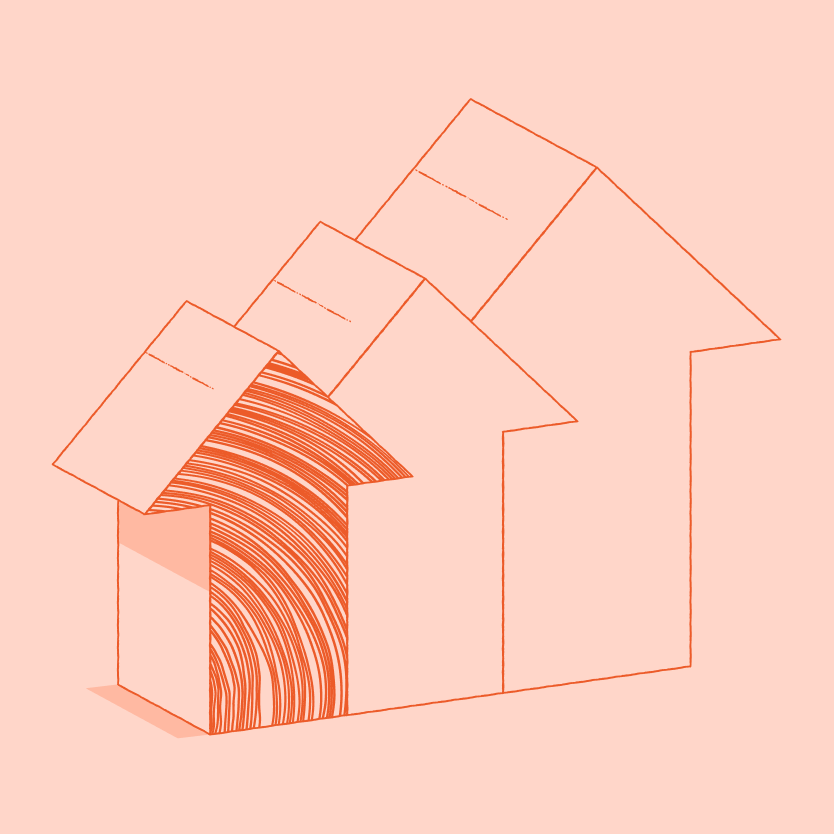 Soft coral-colored architectural line drawing of a house icon.