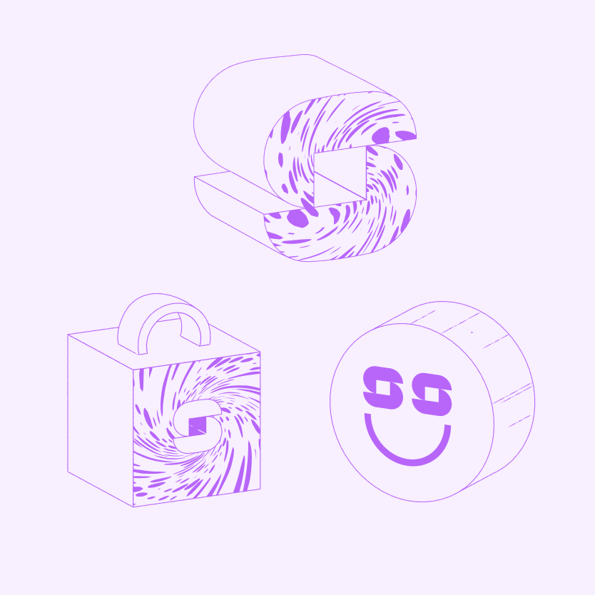 Minimal purple sketch icons of face and messaging bubbles.