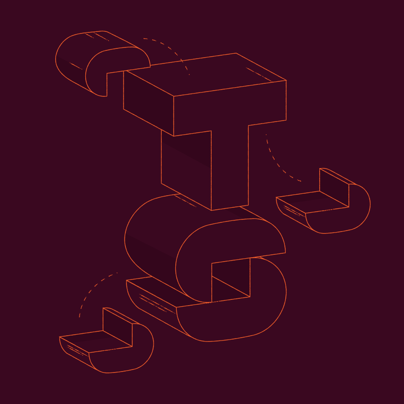 Technical line-art illustration drawn in neon red on dark purple.