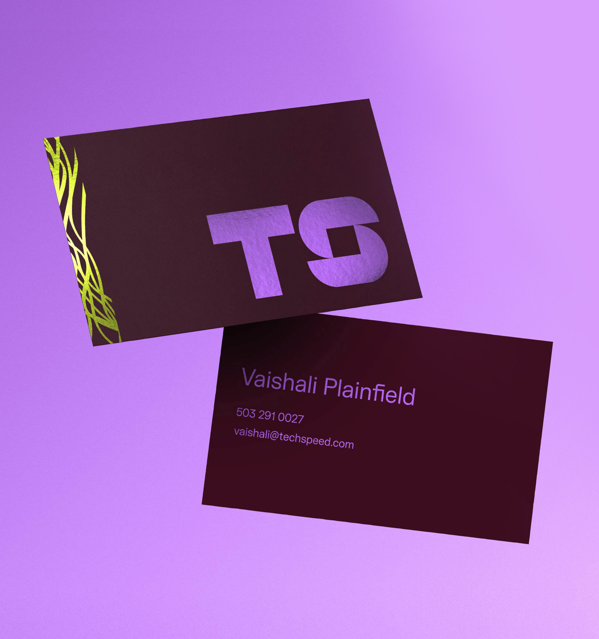 Techspeed business card mockups in purple and dark tones.