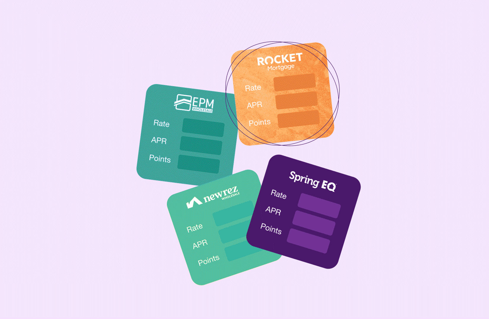 Four floating information cards in assorted pastel colors.