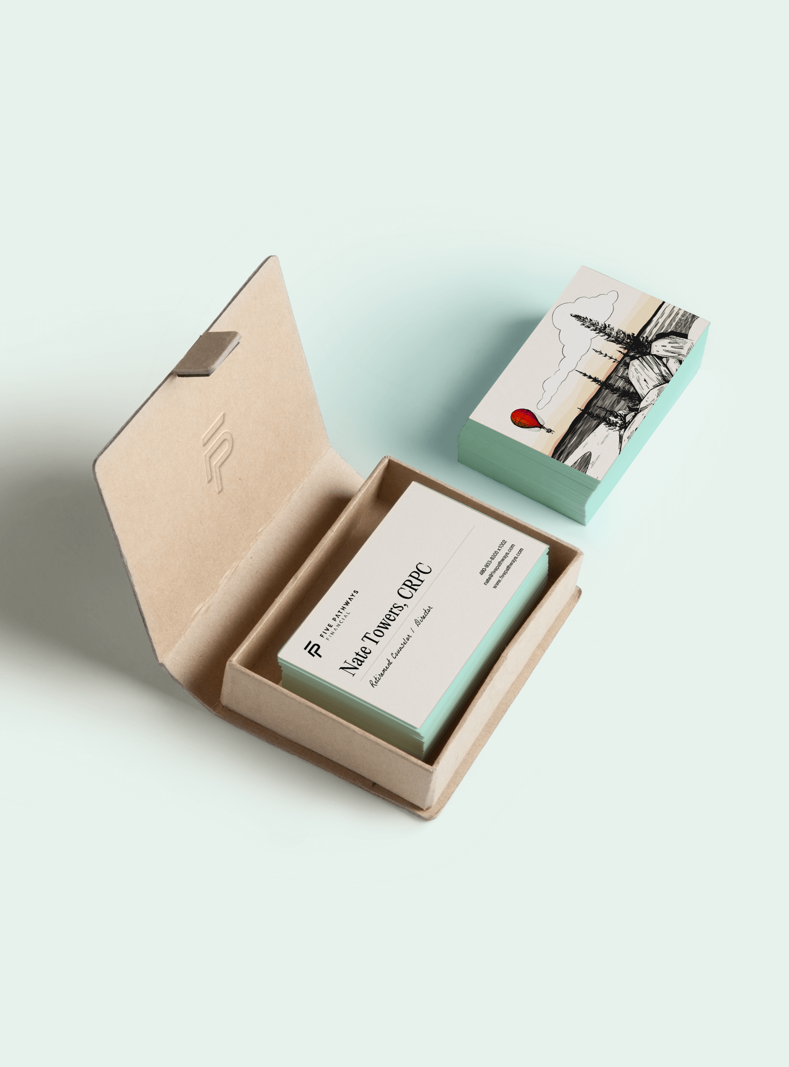 Soft-toned image featuring branded packaging and collateral for Five Pathways.