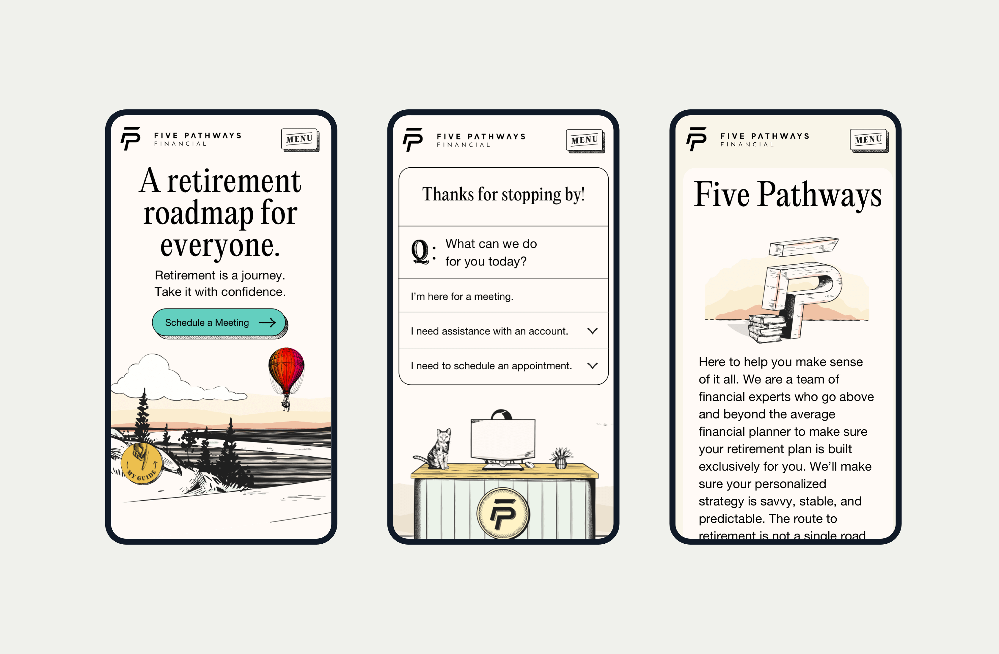 Smartphone mockups displaying the Five Pathways website and client tools.