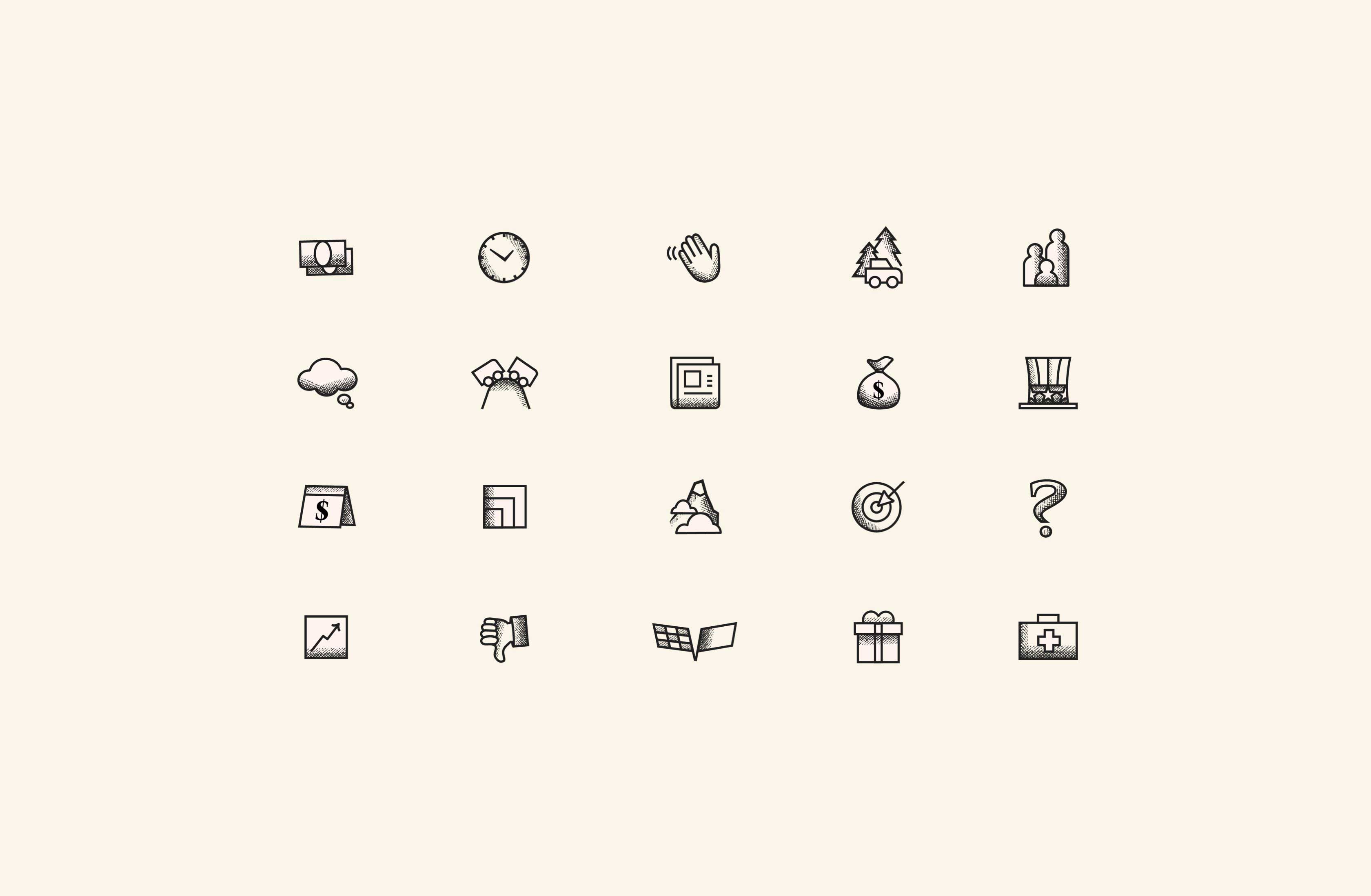 Set of custom line icons representing key services within the Five Pathways brand identity.
