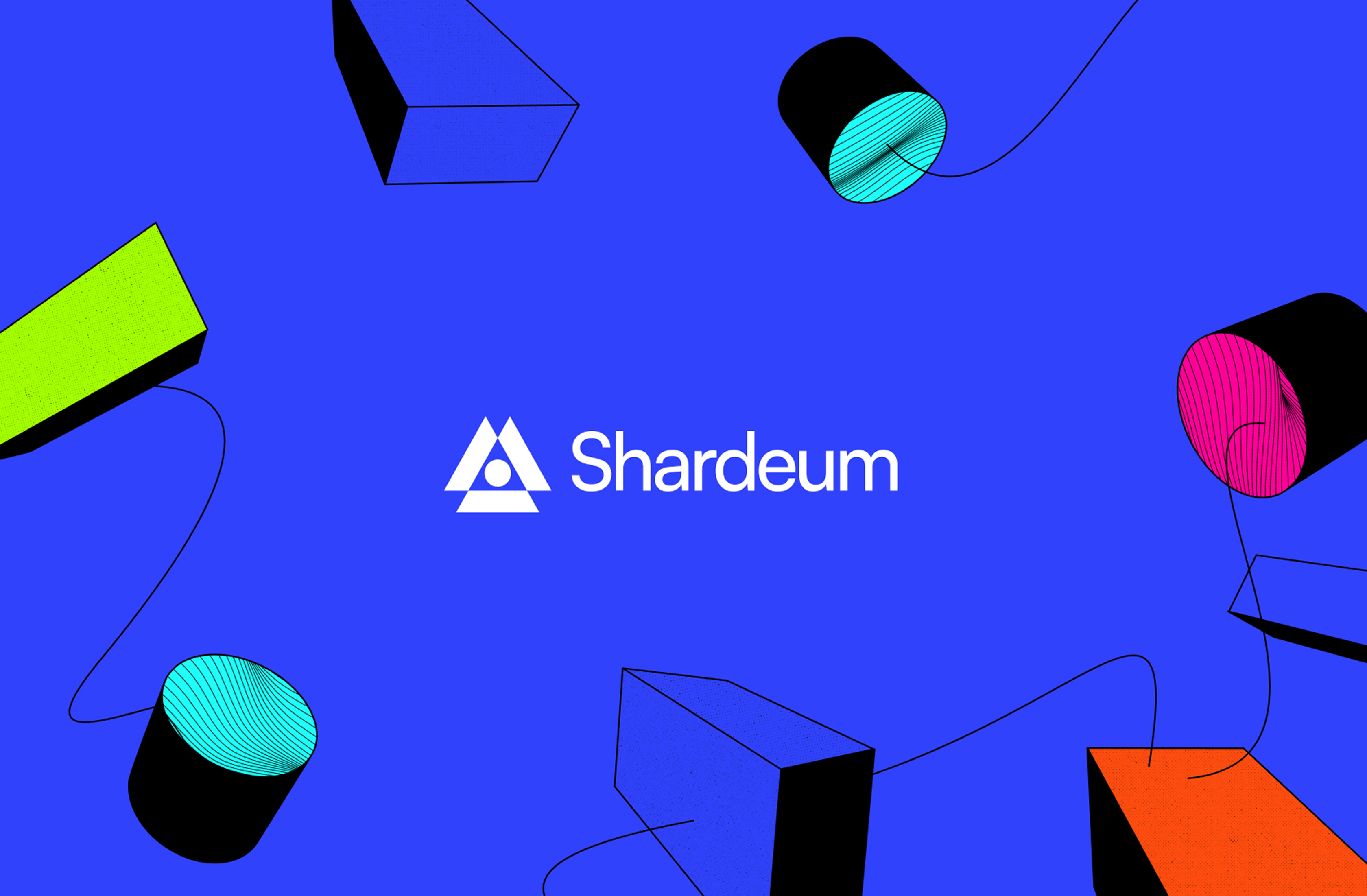 Abstract 3D scene featuring the Shardeum logo surrounded by colorful geometric shapes, representing the brand’s modern digital identity and visual system.