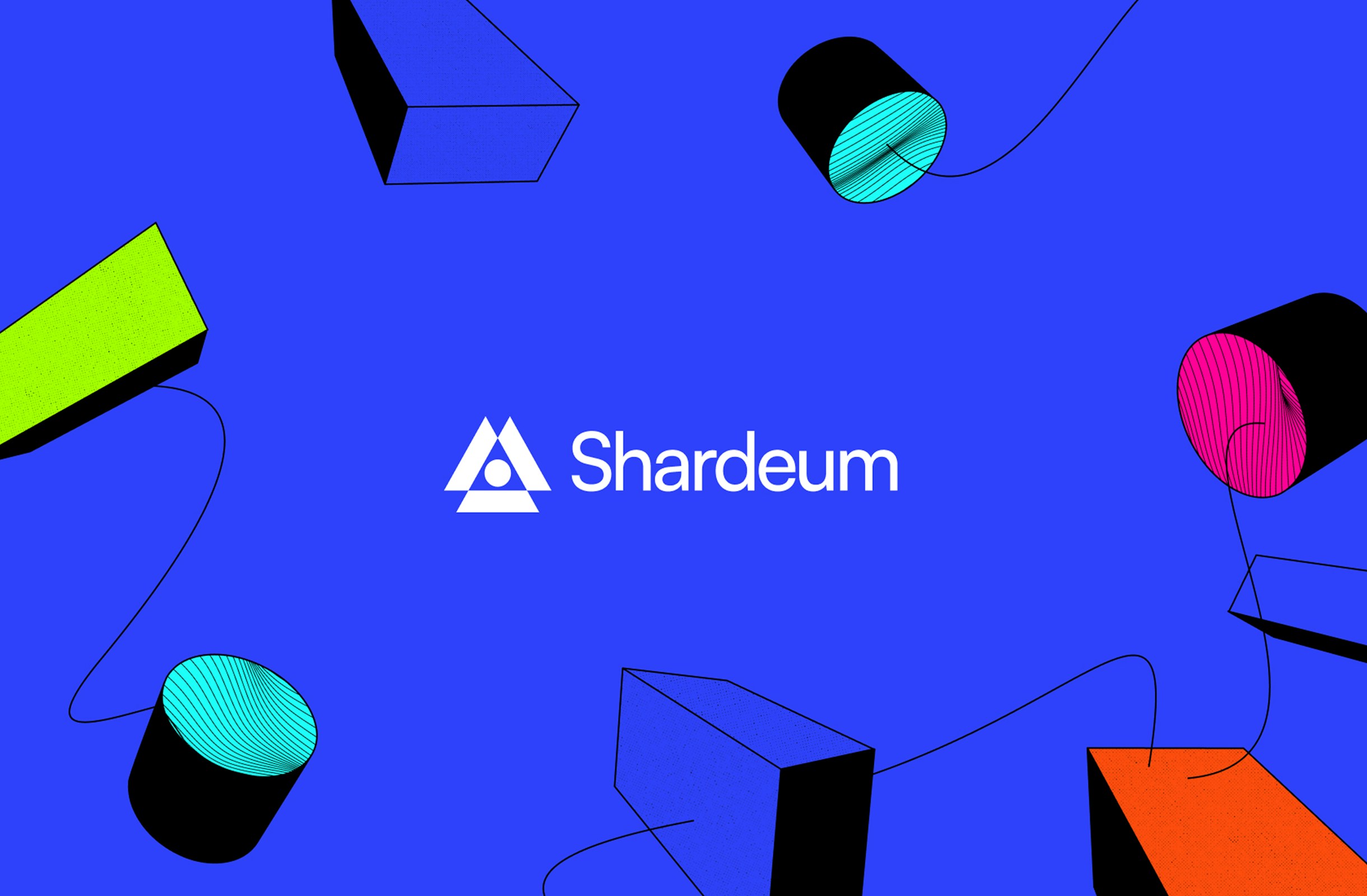 Abstract 3D scene featuring the Shardeum logo surrounded by colorful geometric shapes, representing the brand’s modern digital identity and visual system.