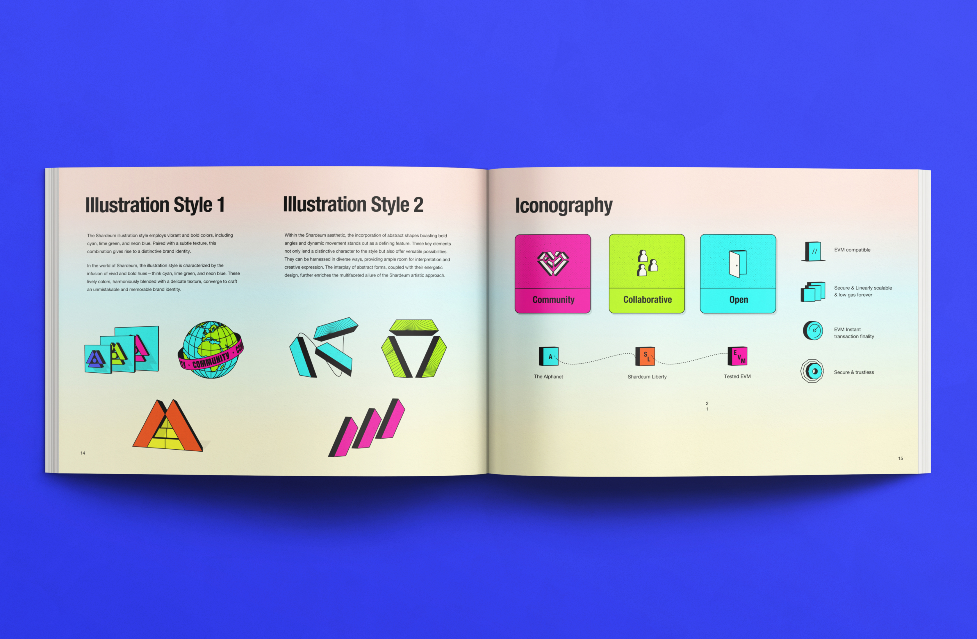 Printed layout displaying Shardeum’s UI components, color system, and icon set.