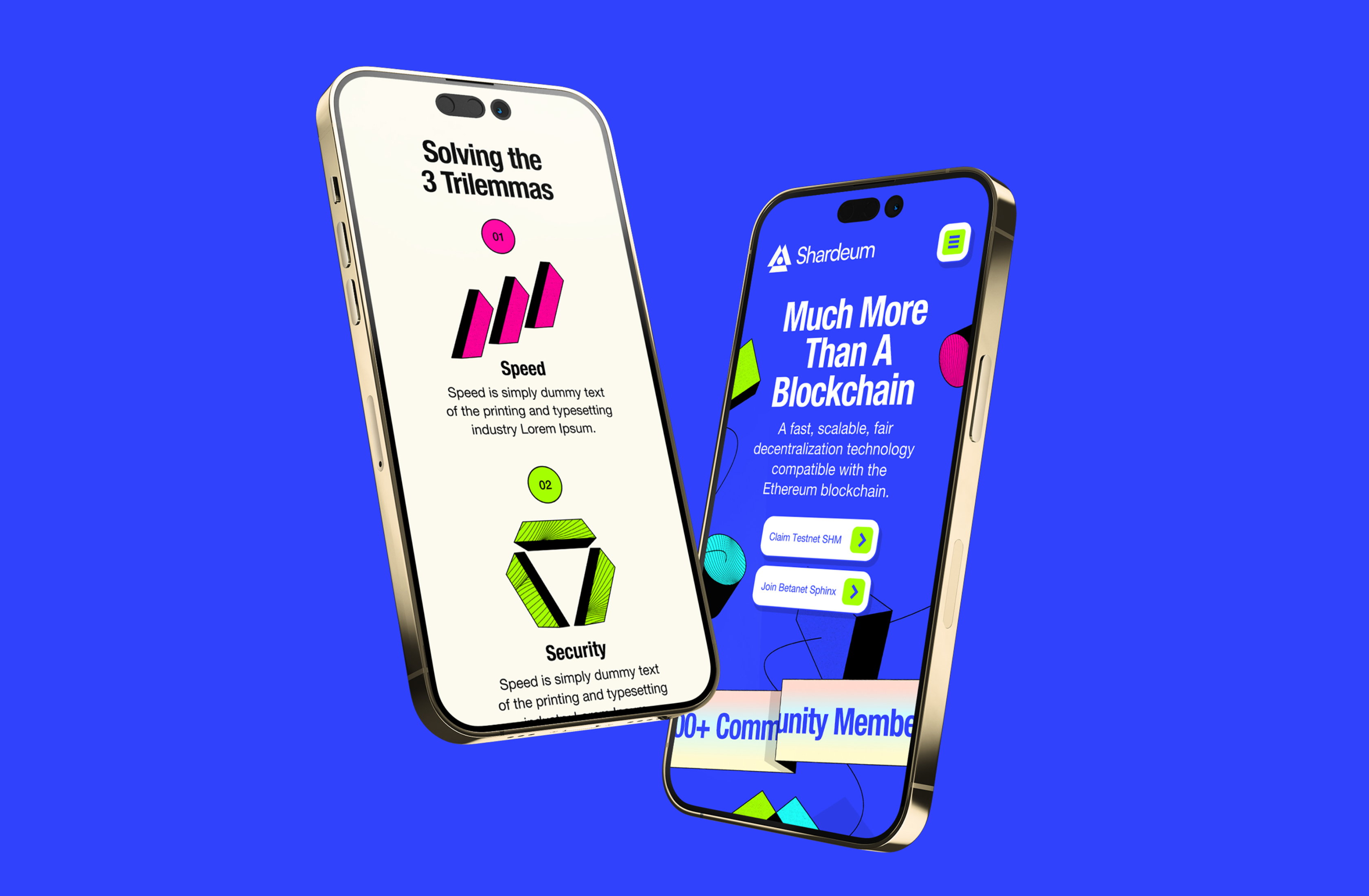 Smartphone screens showing Shardeum’s clean UX and bold blue color scheme.