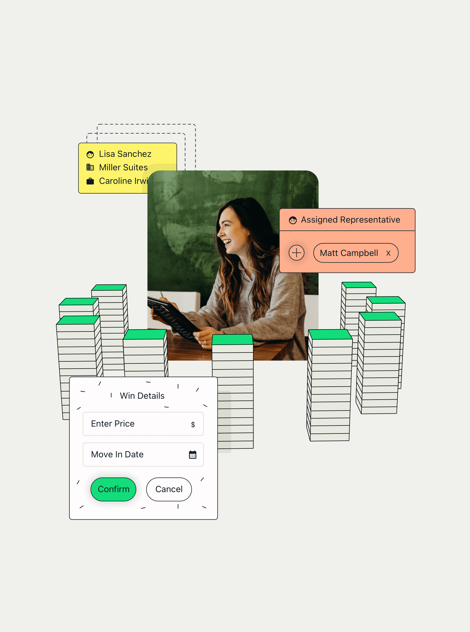 UI layout combining charts, navigation elements, and card components.