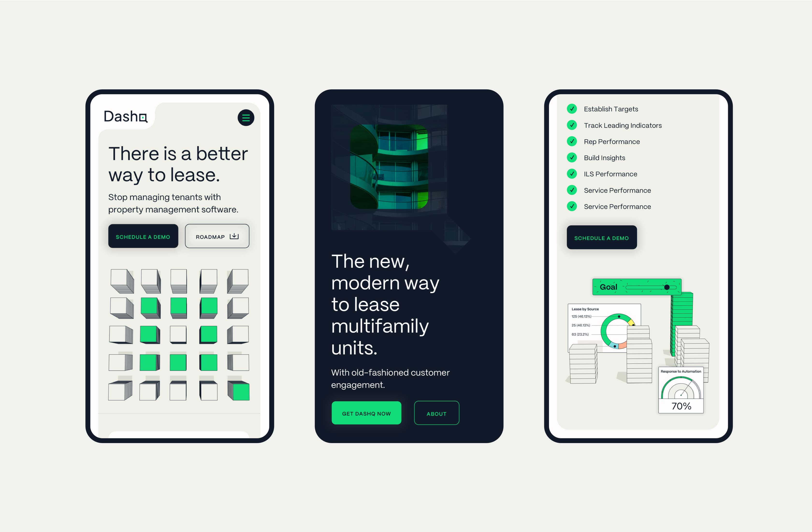Mobile app interface mockups in a green and dark theme.