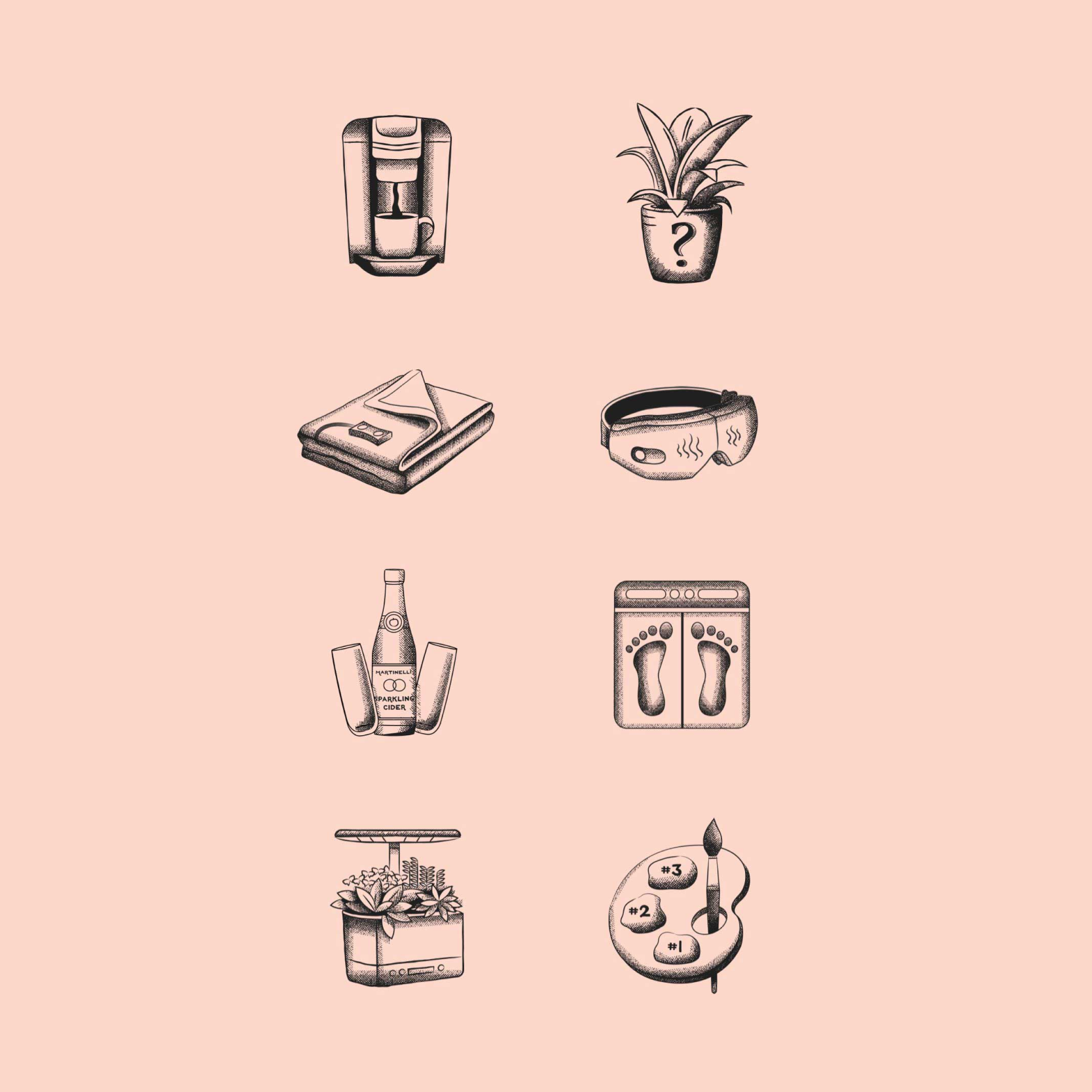 Icon set arranged in a grid featuring minimal illustrated line symbols.