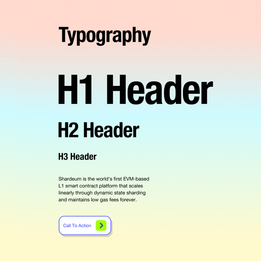 Typography reference sheet labeled “H1 Header” with gradients and layout notes.