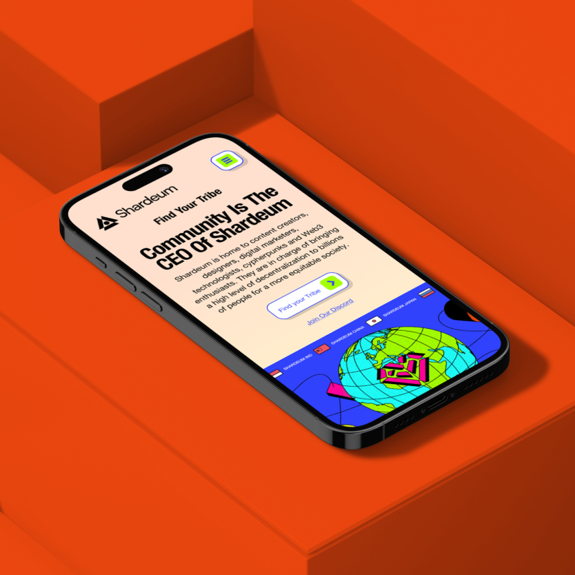 Smartphone displaying branded packaging artwork on an orange background.