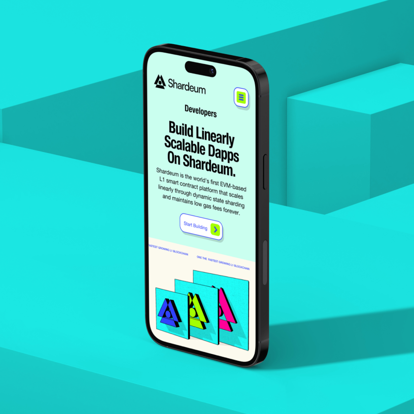 Smartphone mockup with a teal and blue interface on a cyan background.