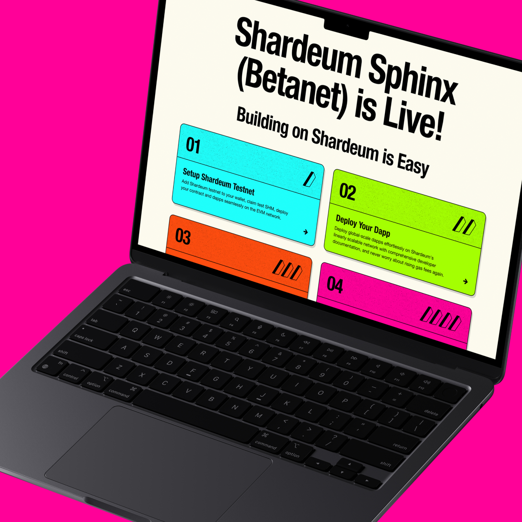 Laptop with a bright green and red interface on a neon pink background.