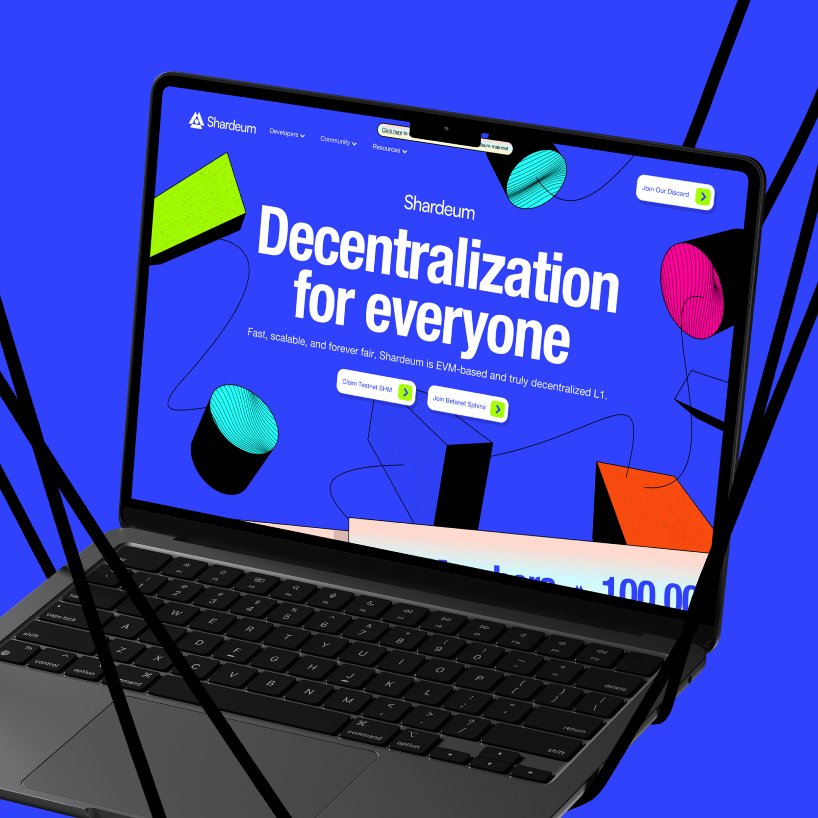 Laptop showing a colorful UI with playful digital character illustrations.