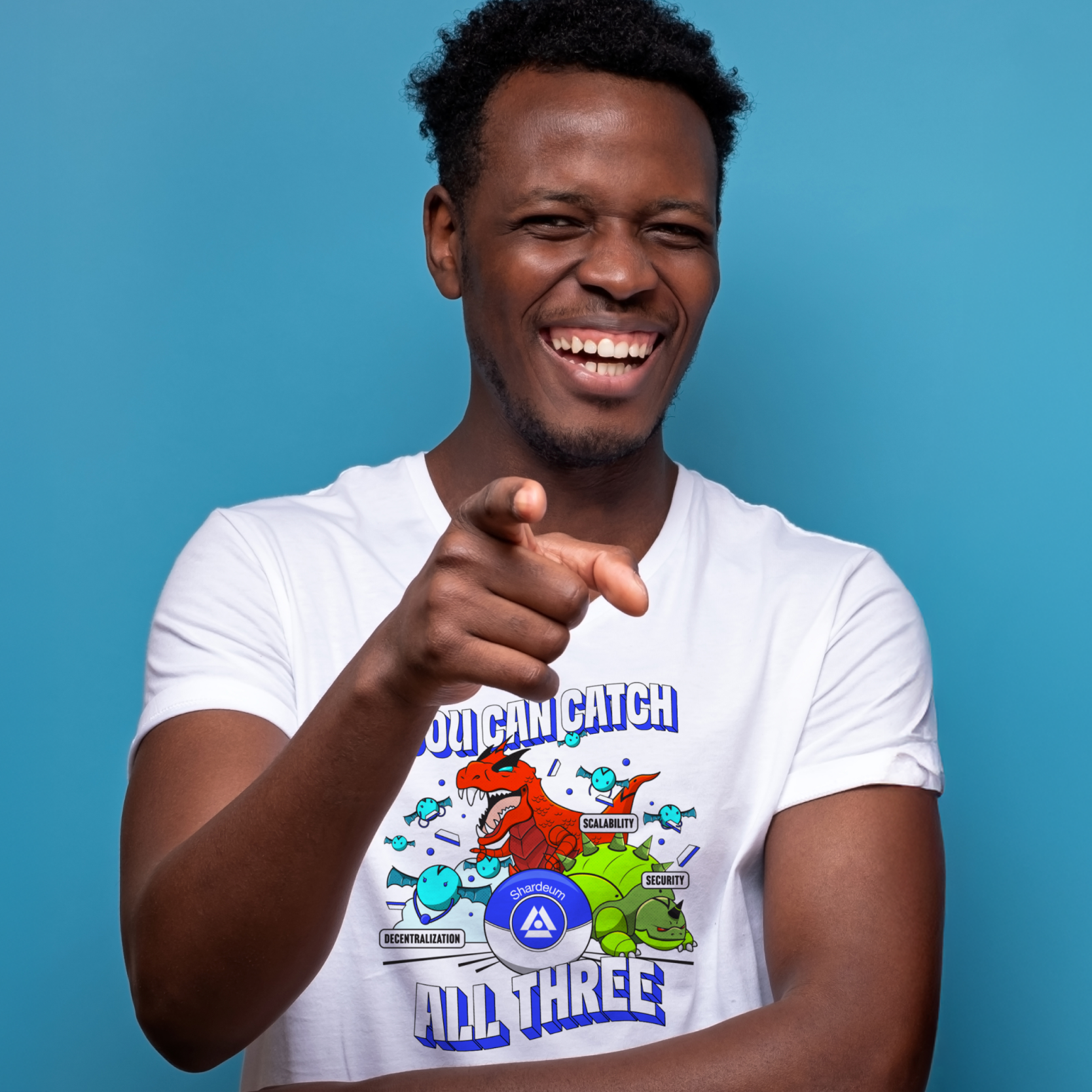 Man smiling and holding a product container against a bright blue background.