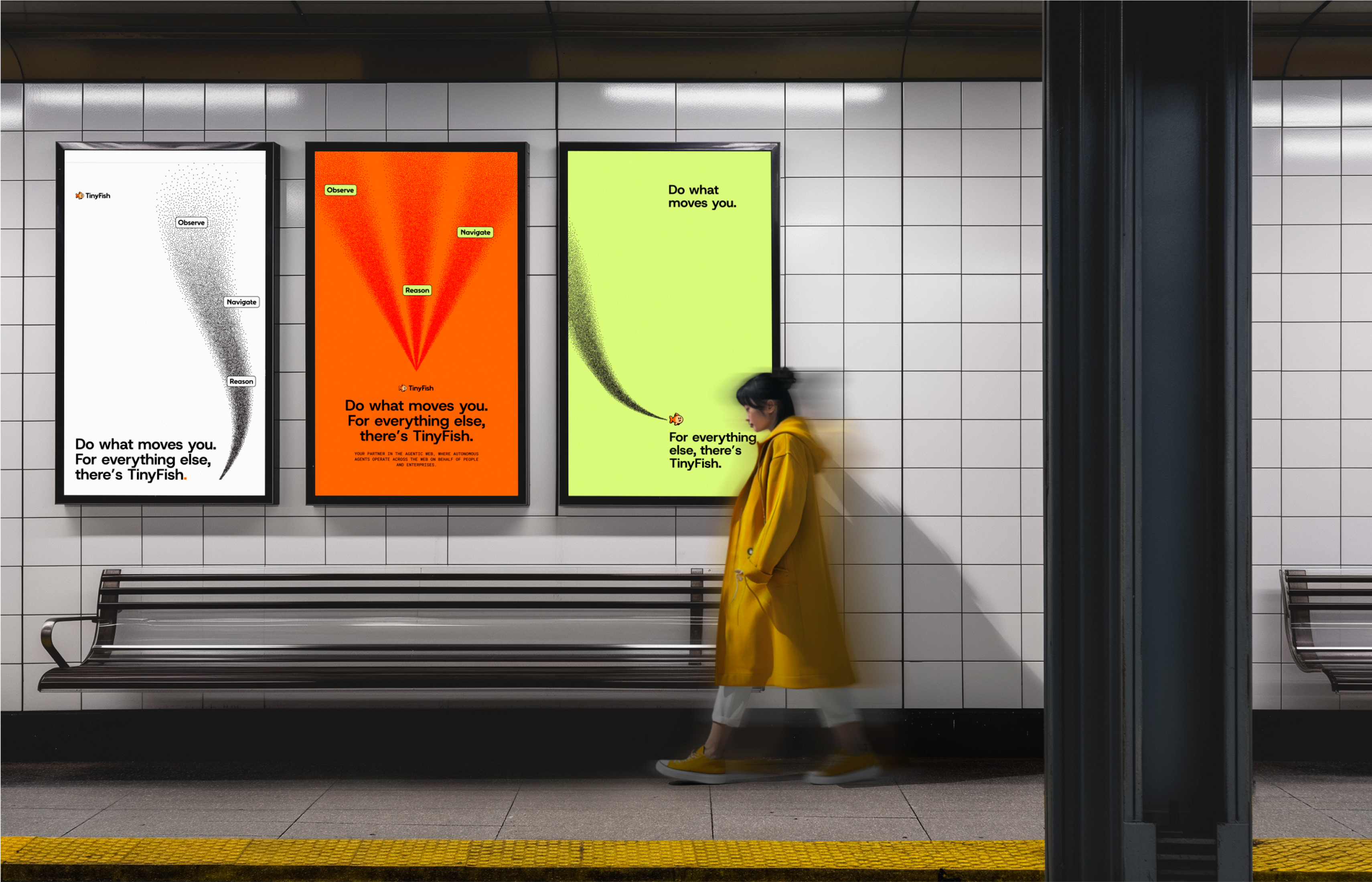 Metro station poster campaign showing TinyFish brand visuals and tagline.