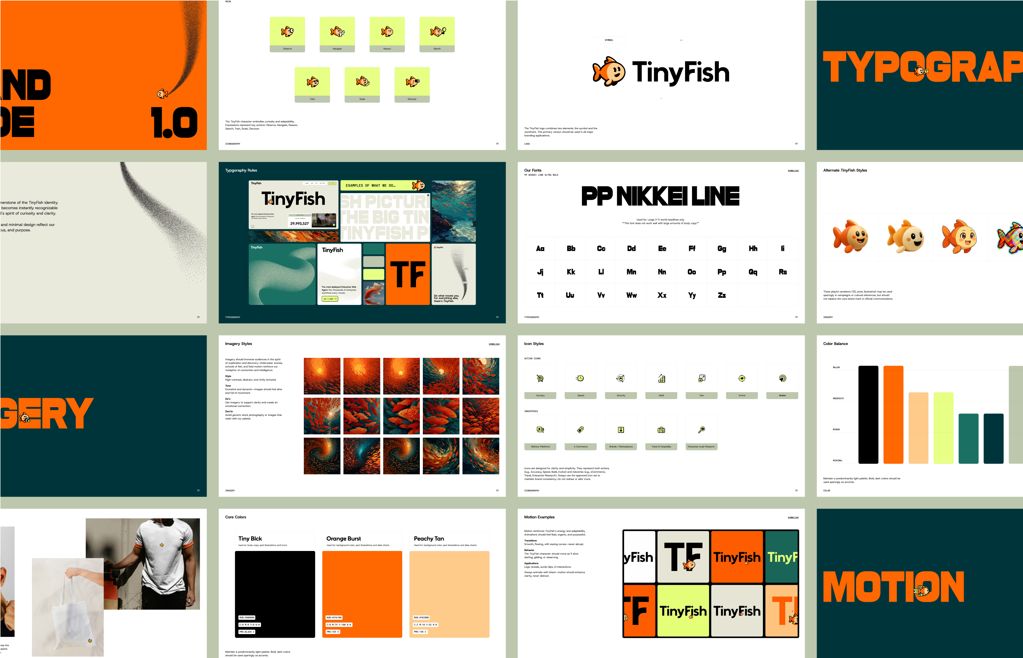 Grid of branding elements including icons, typography, and color palettes for TinyFish.