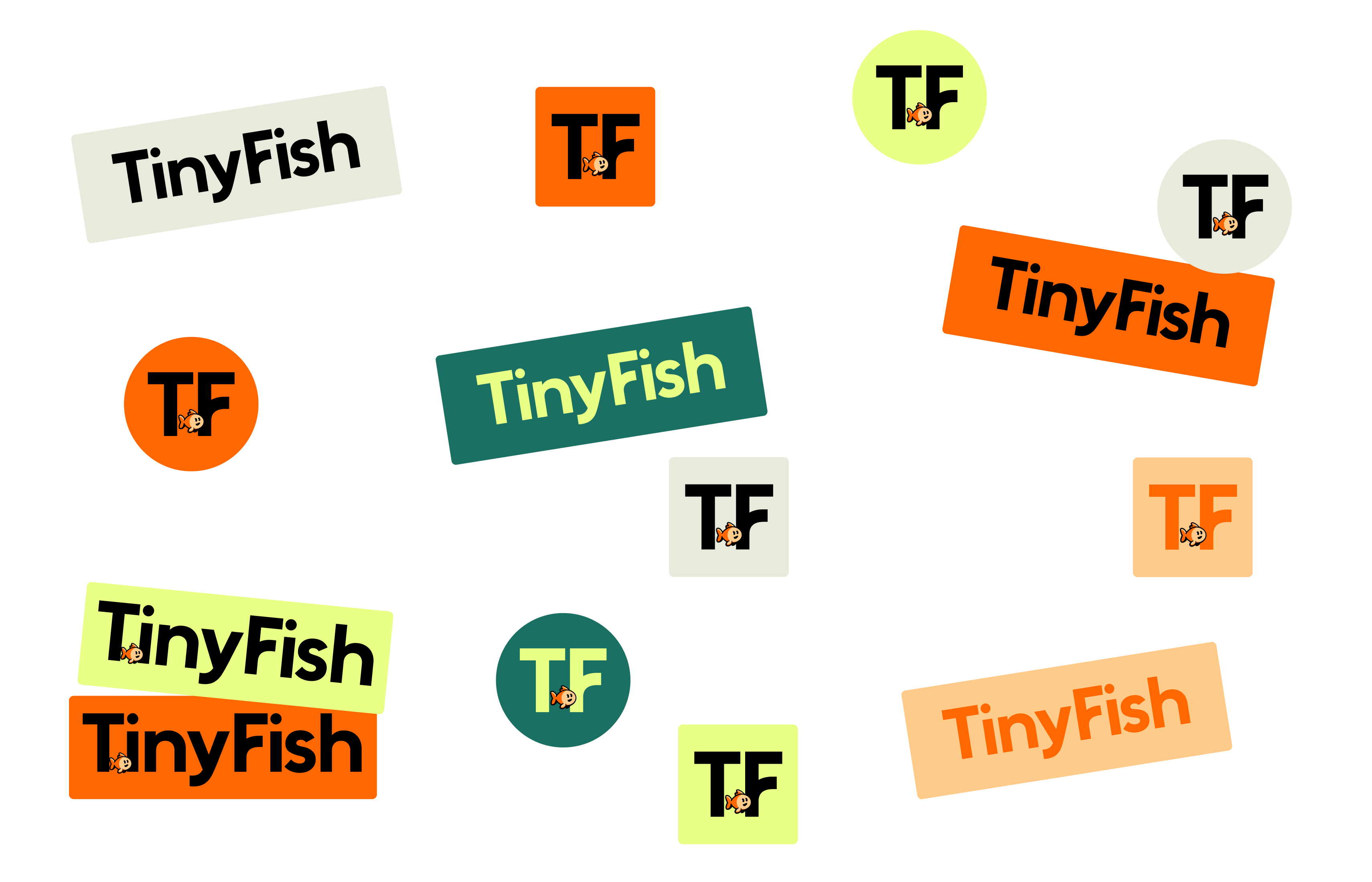 Assortment of TinyFish logo stickers and branded label mockups.