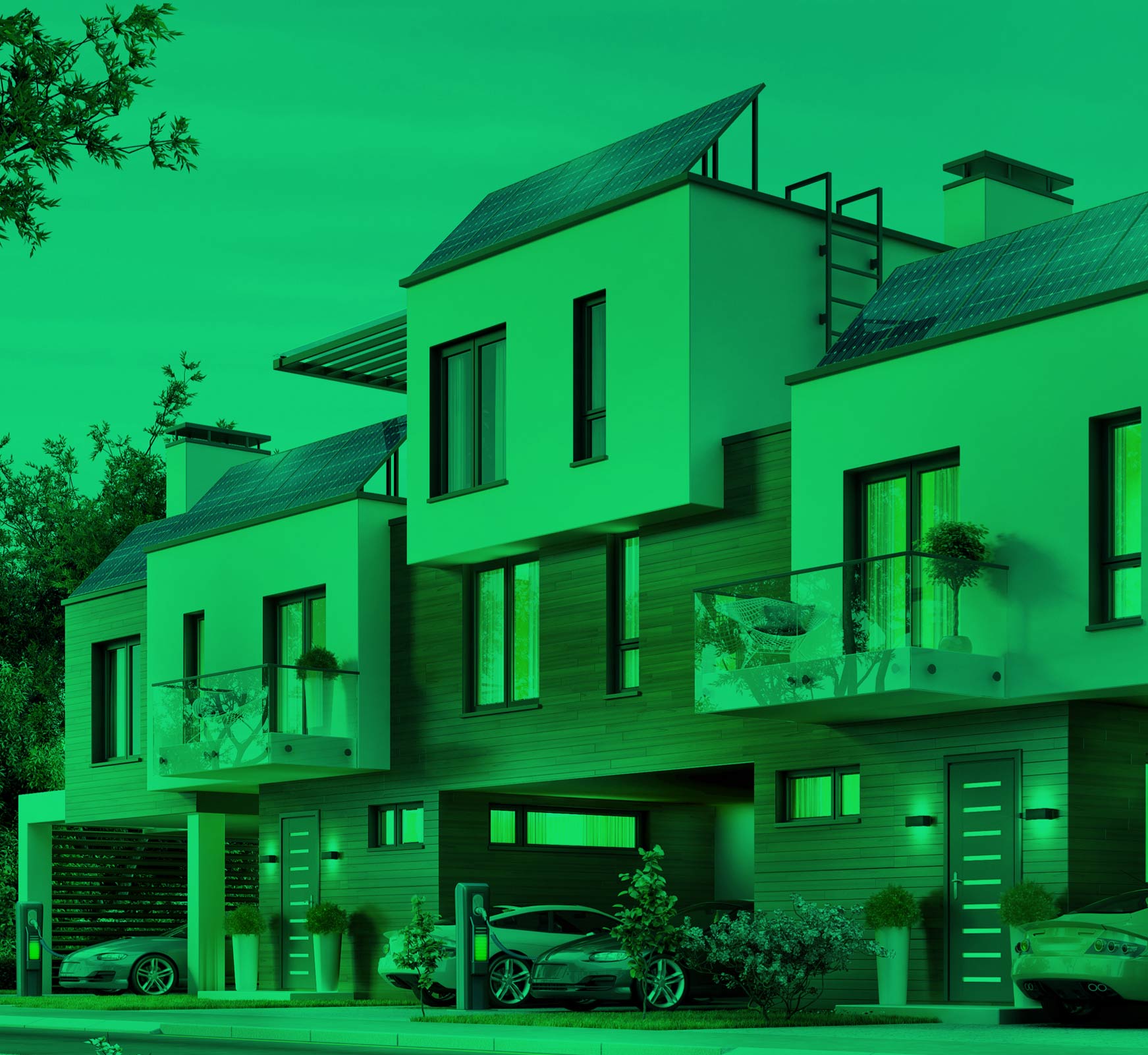 Modern residential building exterior shown in a green-tinted architectural background graphic.