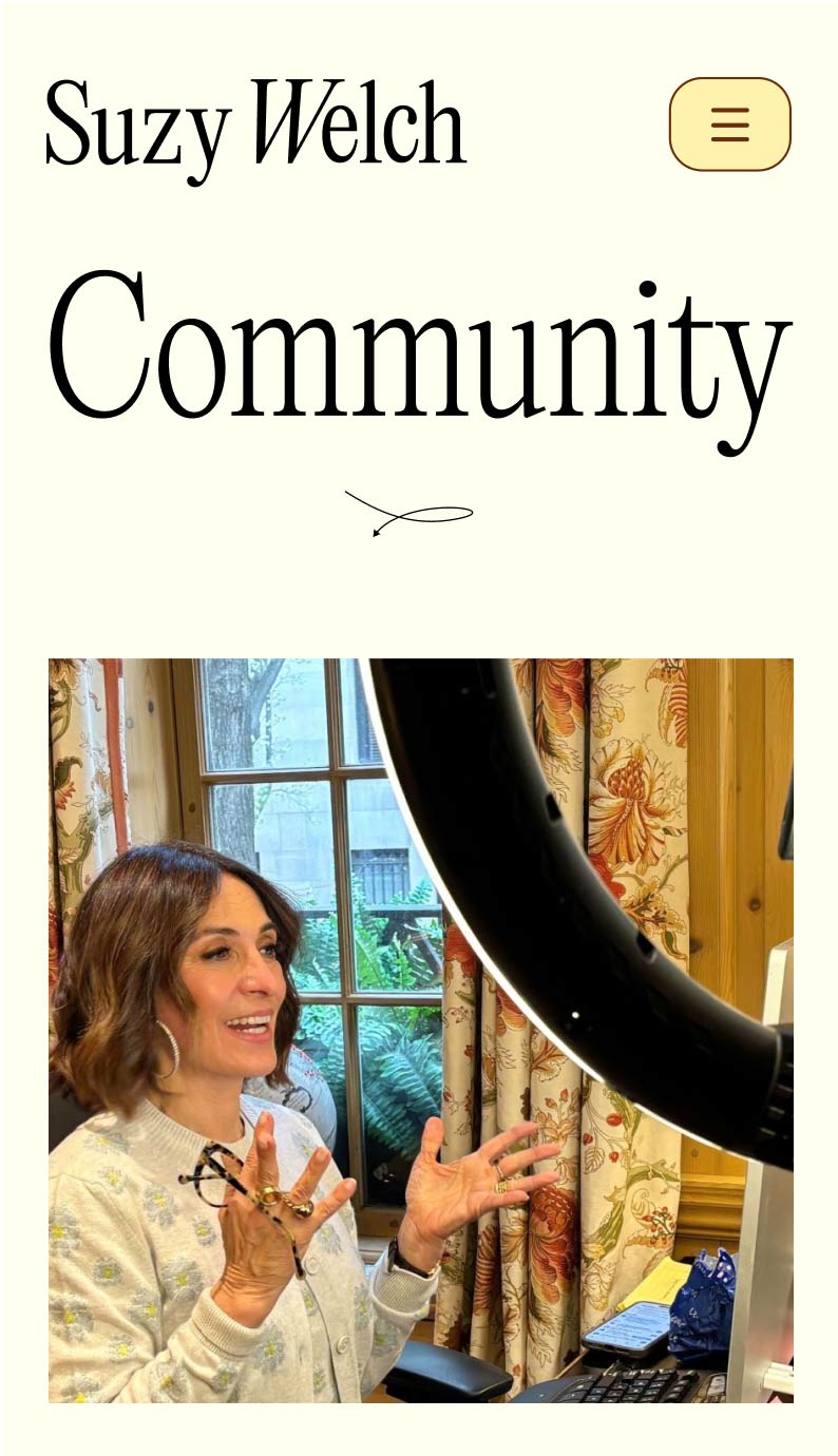 Suzy Welch community message card with lifestyle imagery.