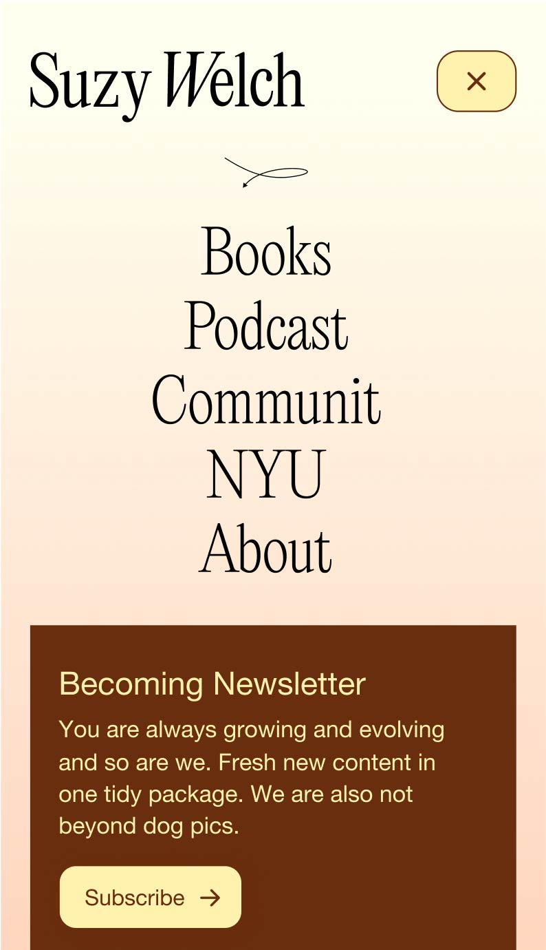 Suzy Welch membership benefits card with clean serif typography.