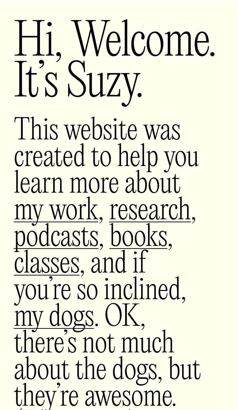 Suzy Welch text-based welcome card with serif typography.