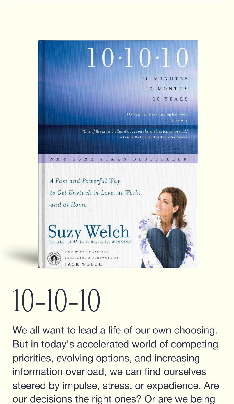 Suzy Welch inspirational poster with vertical layout and nature imagery.