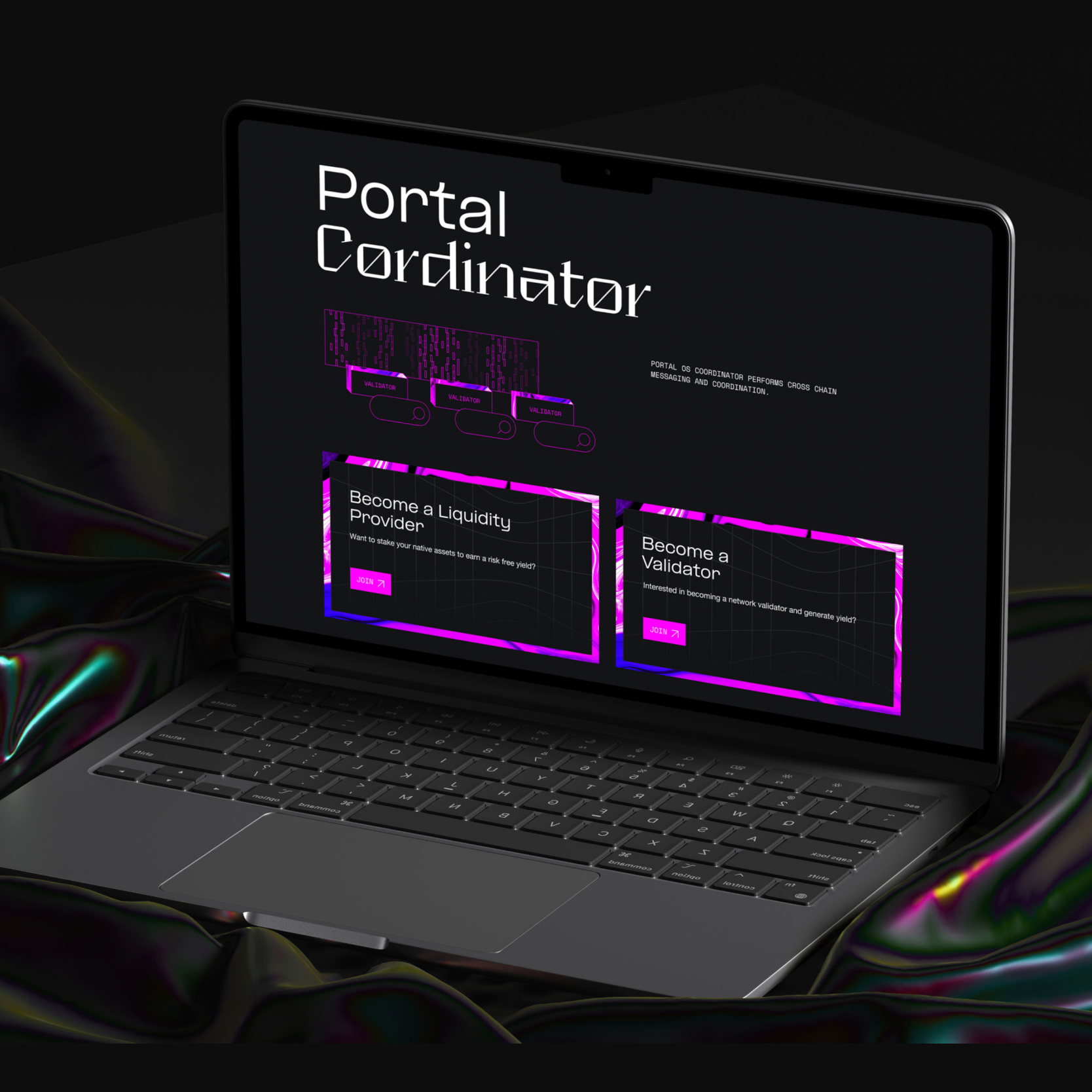 Portal platform interface screens arranged in a layered floating layout.