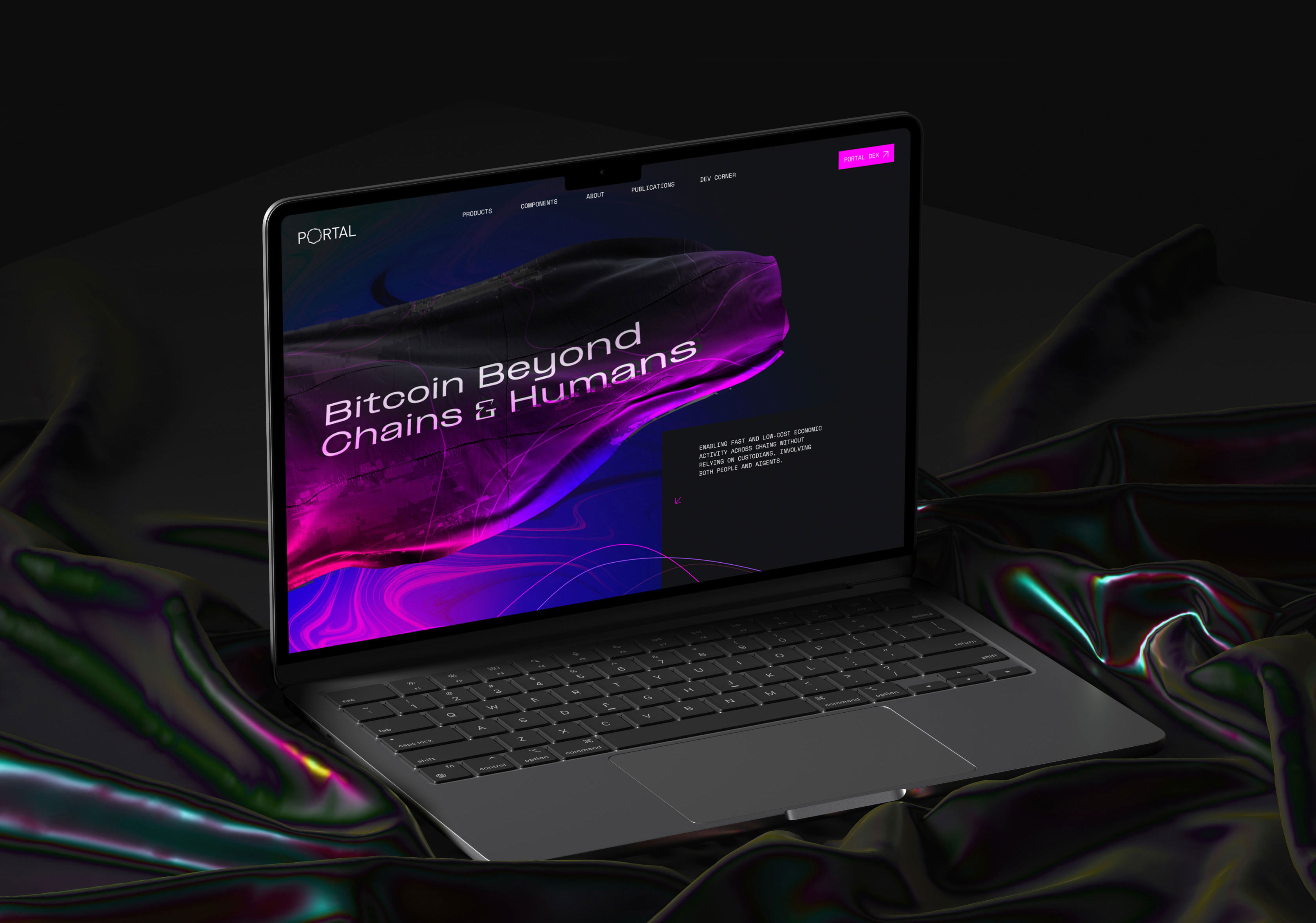 Portal dark-mode interface displayed on a laptop with neon purple accents.