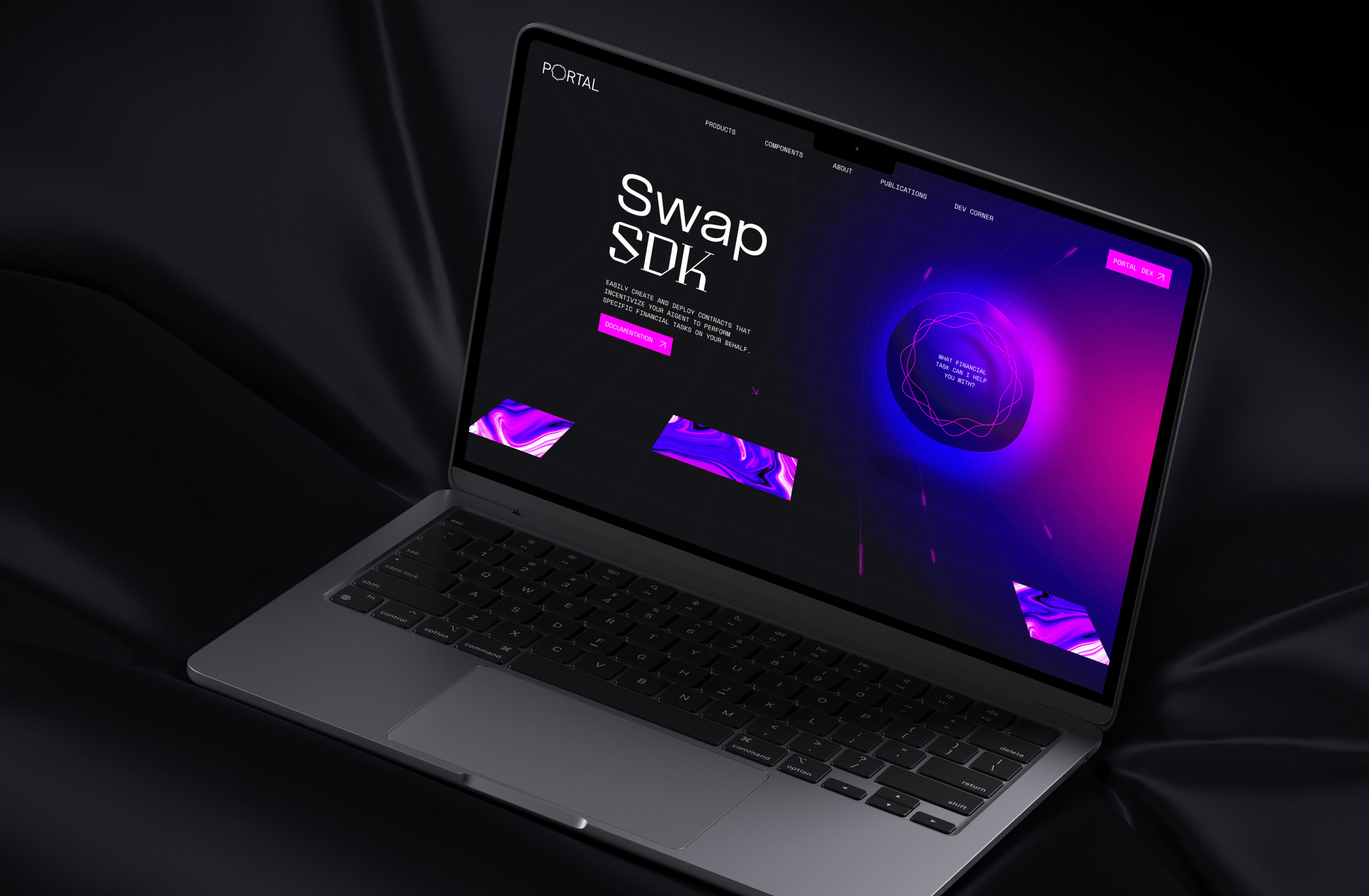 Laptop showcasing Portal’s glowing purple dashboard UI.