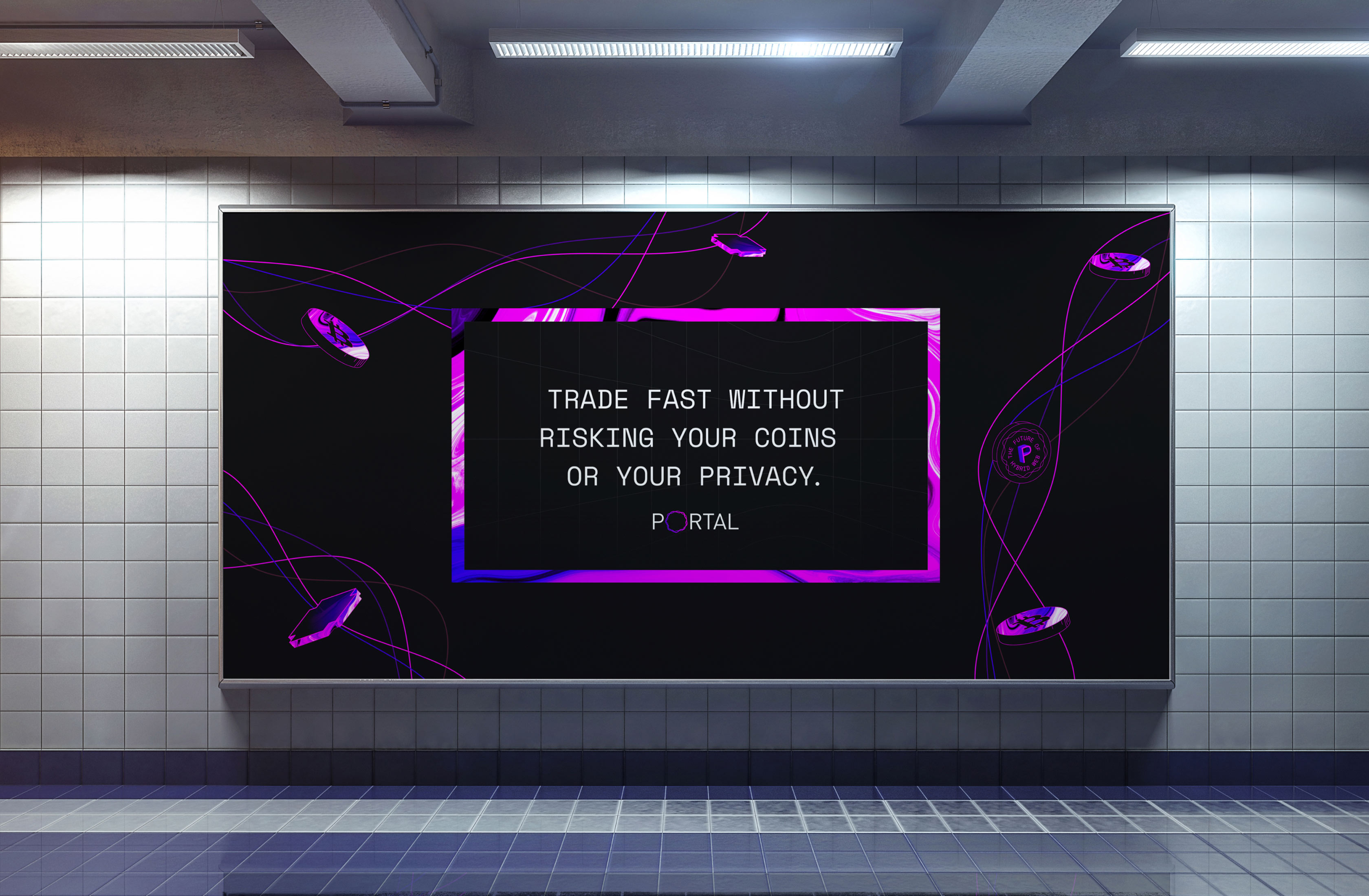 Portal immersive display showing a purple holographic login screen.