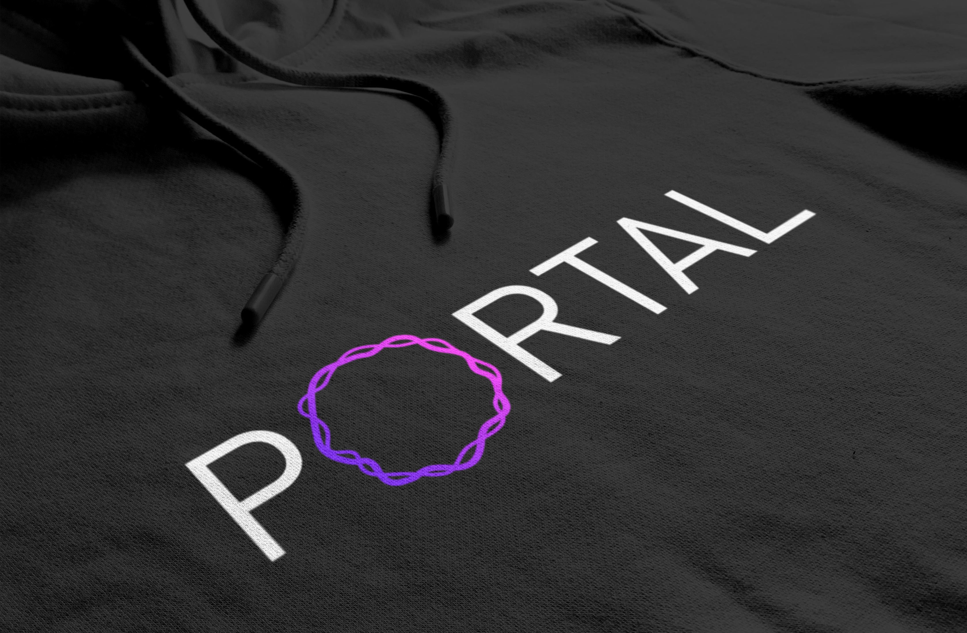 Black hoodie with Portal holographic logo printed across the chest.