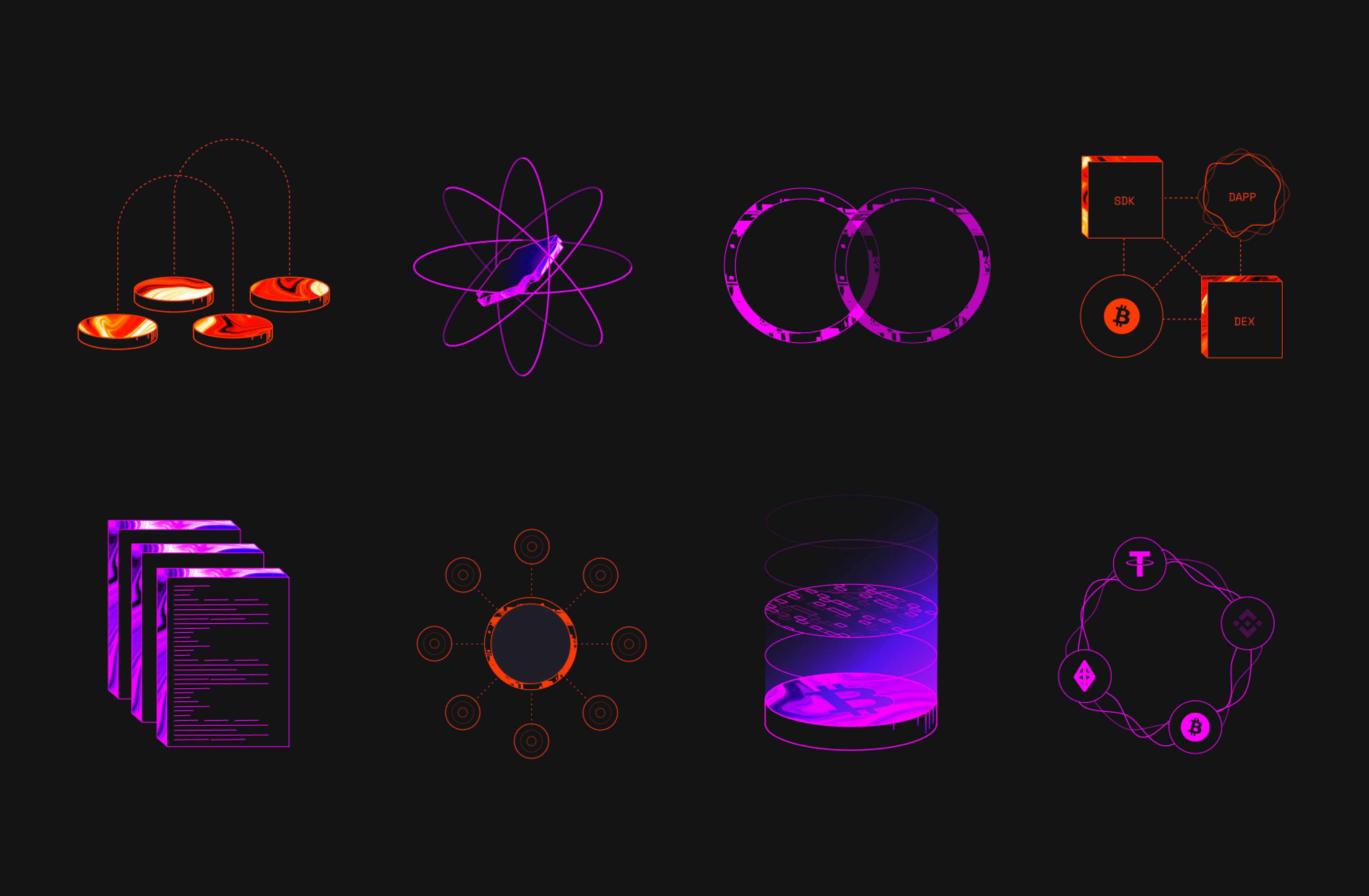 Portal glowing neon interface icons in a futuristic grid layout.