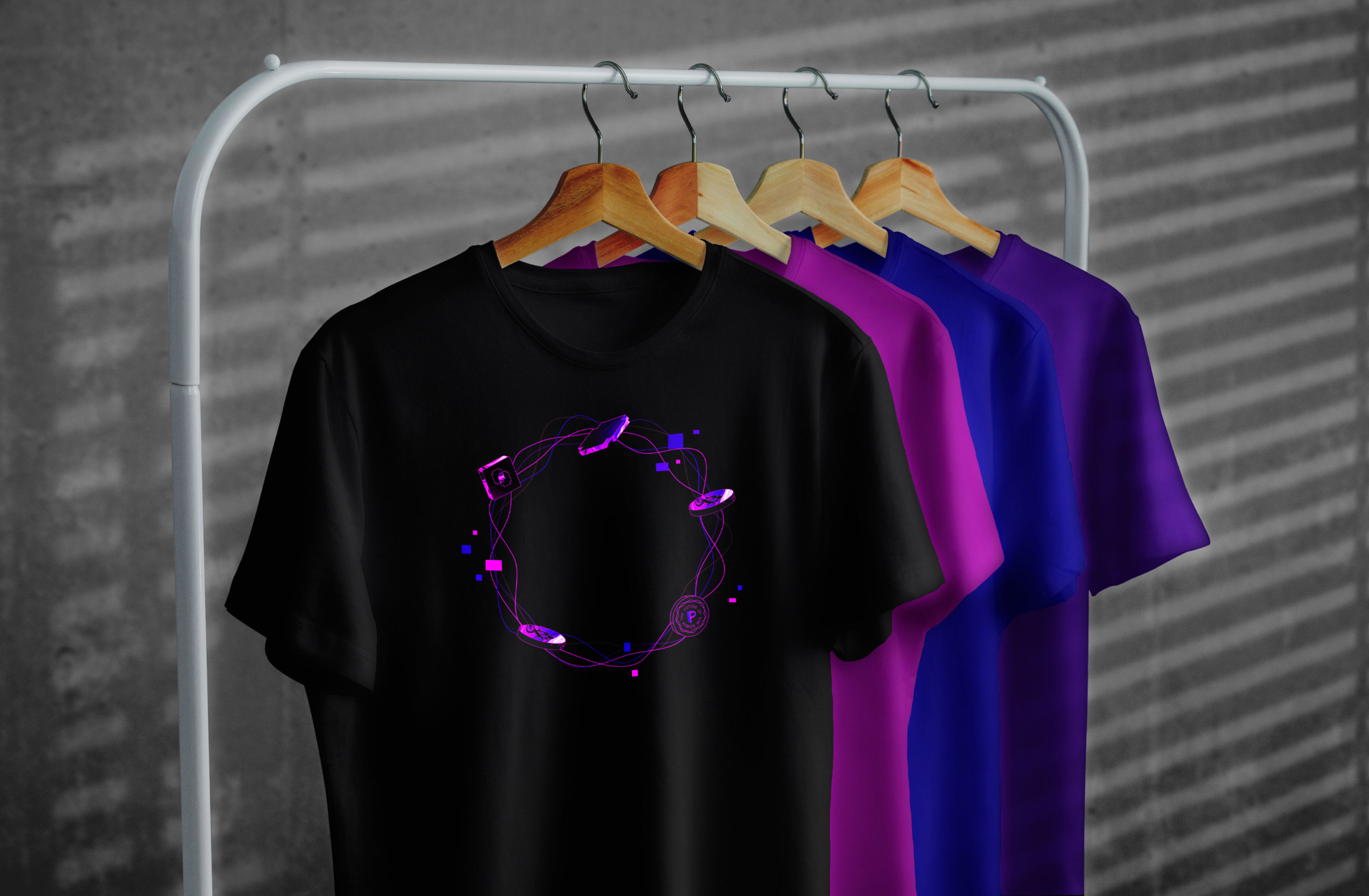Portal brand T-shirt displayed on a hanger in a studio setting.