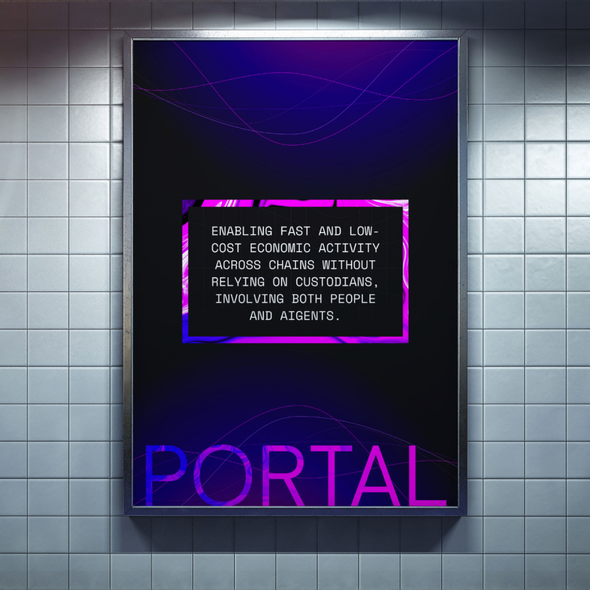 Portal vertical poster with neon light reflections on a metallic surface.