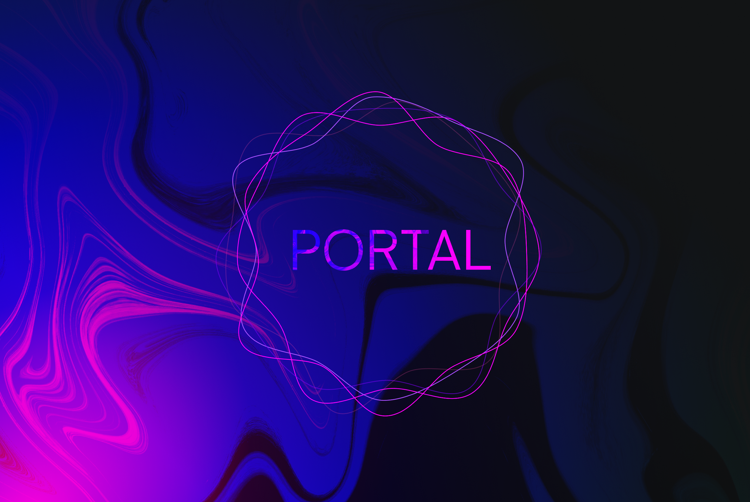Portal neon sign glowing in purple and pink against a dark background.