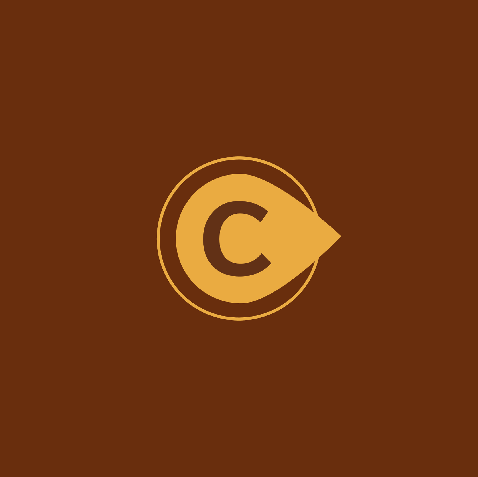 Circular “C” monogram logo for the Suzy brand in gold on brown background.