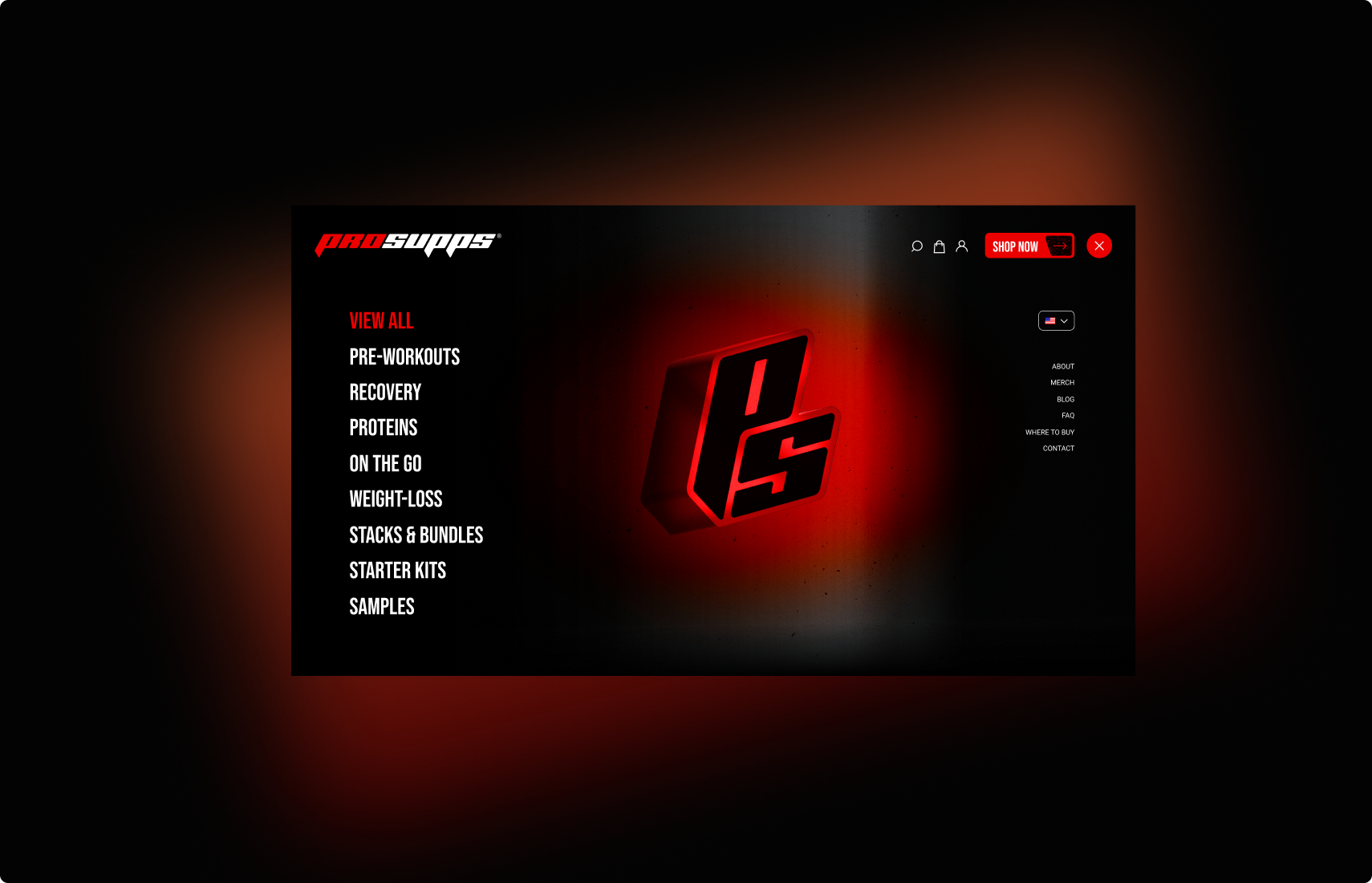 Full-screen UI section displaying ProSupps’ menu design and visual system.