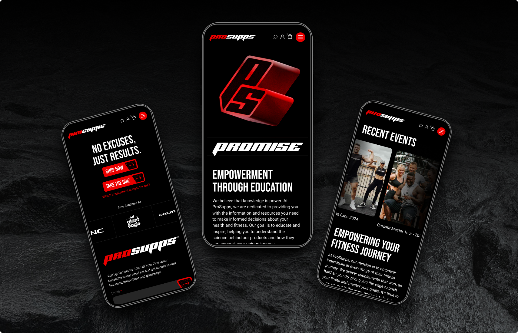 Three smartphones showcasing product details and athlete imagery.