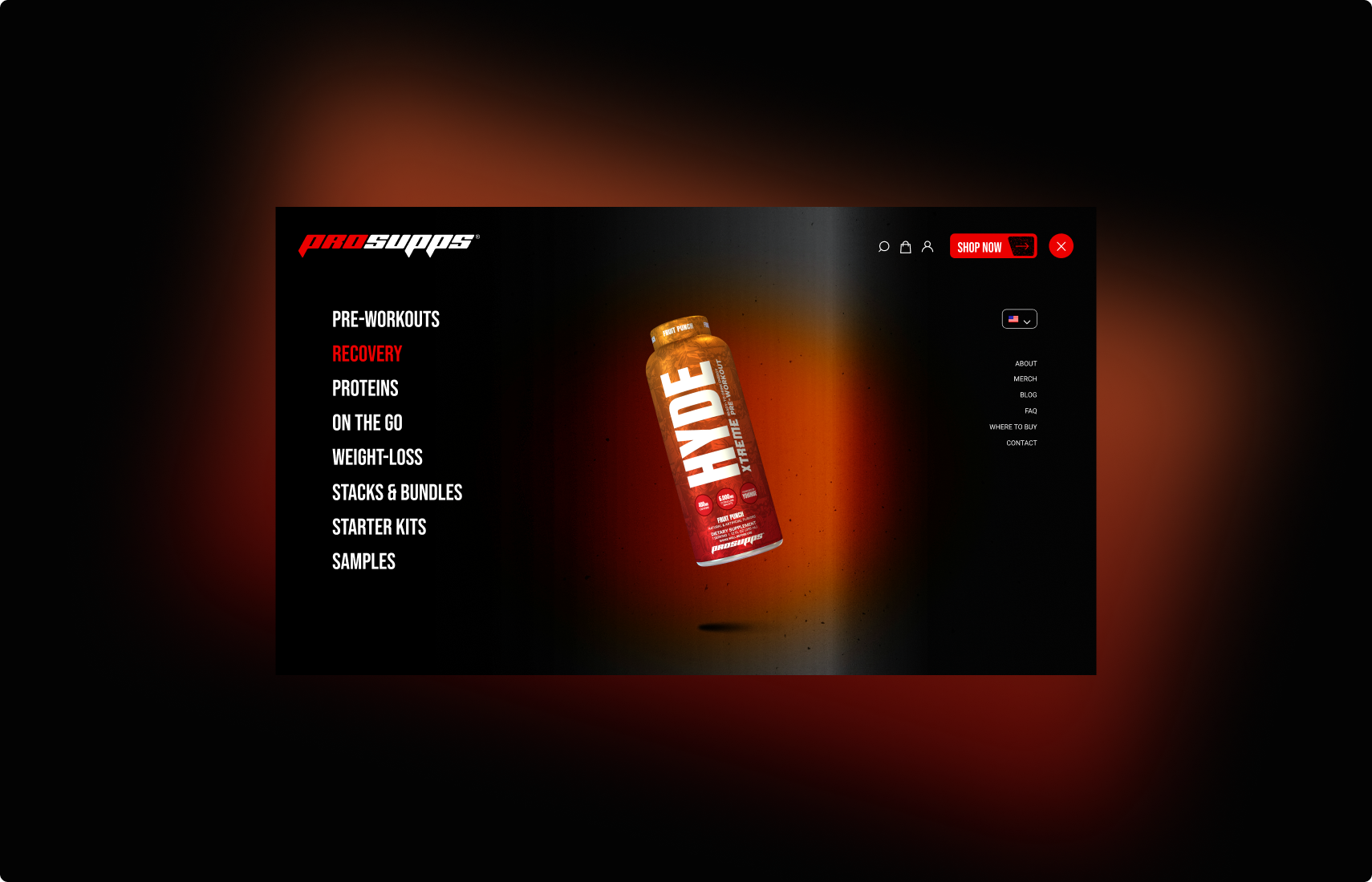 Webpage section highlighting ProSupps’ pre-workout line with dynamic lighting and texture.