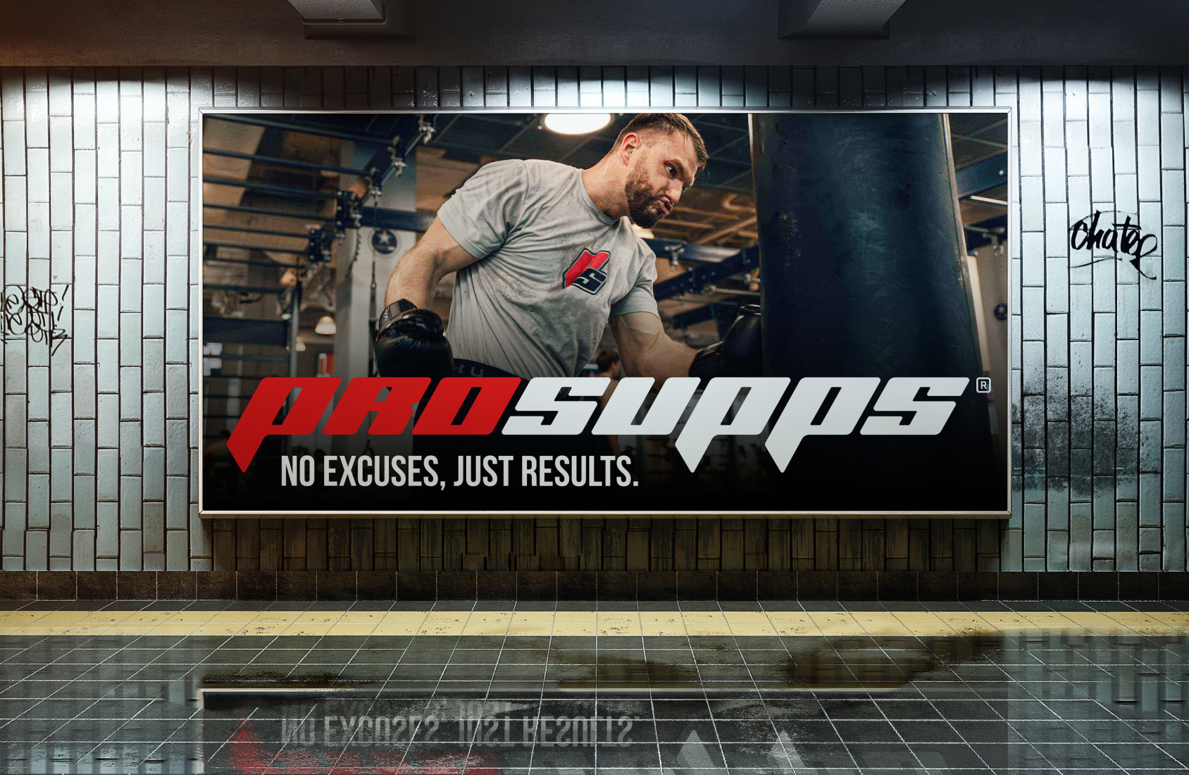 Billboard banner showcasing ProSupps’ athlete partnerships and supplement product line.